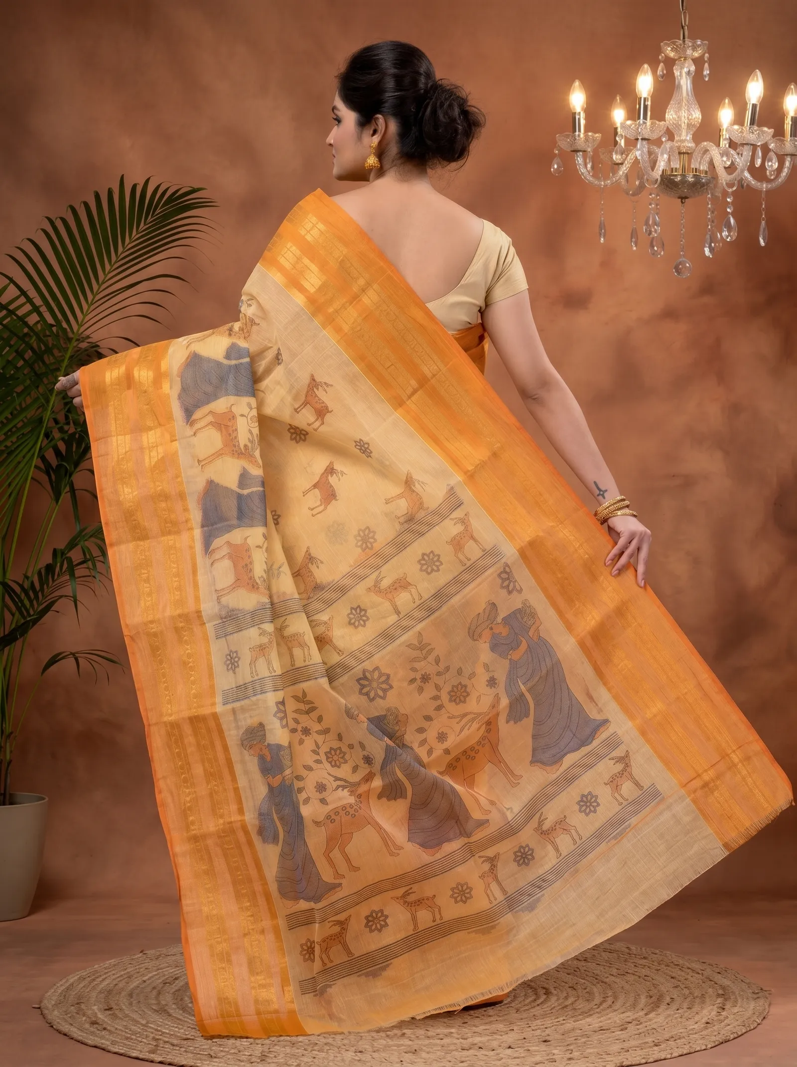 DipDiya Pure Cotton  Traditional Bengali Brown Artisan Crafted Sakuntalaa Printed Tant Saree