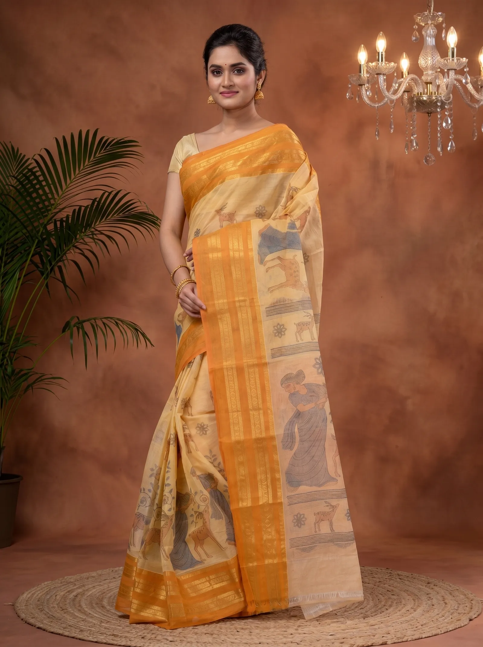 DipDiya Pure Cotton  Traditional Bengali Brown Artisan Crafted Sakuntalaa Printed Tant Saree