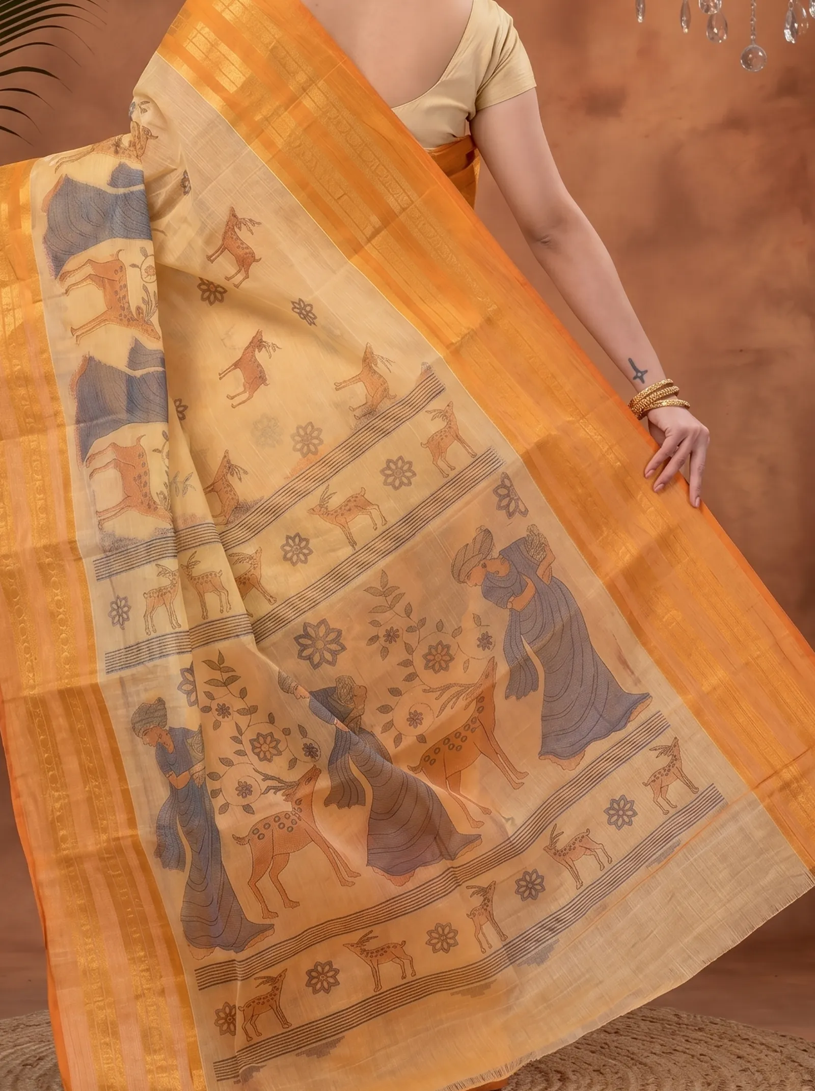 DipDiya Pure Cotton  Traditional Bengali Brown Artisan Crafted Sakuntalaa Printed Tant Saree