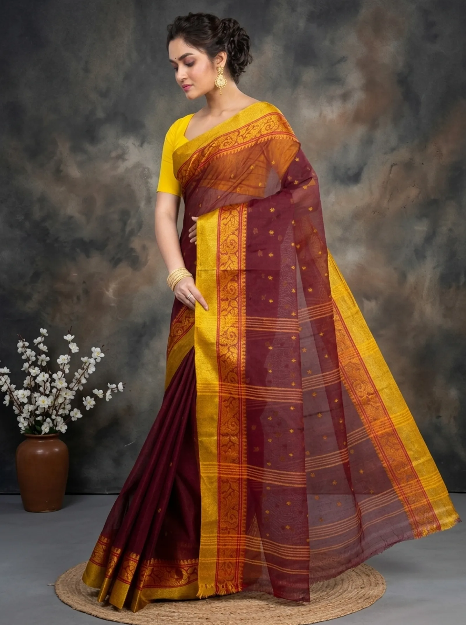 DipDiya Pure Cotton  Traditional Bengali Brown Artisan Crafted Sorbori Tant Saree