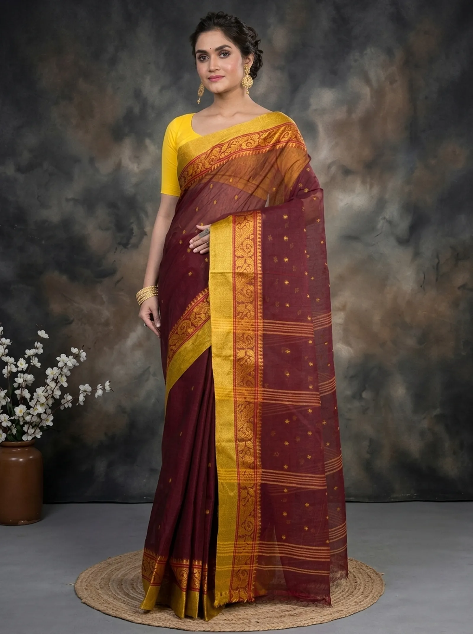 DipDiya Pure Cotton  Traditional Bengali Brown Artisan Crafted Sorbori Tant Saree