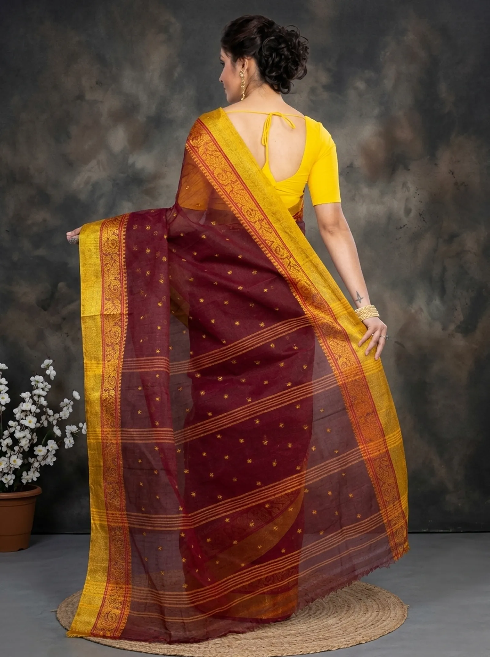 DipDiya Pure Cotton  Traditional Bengali Brown Artisan Crafted Sorbori Tant Saree