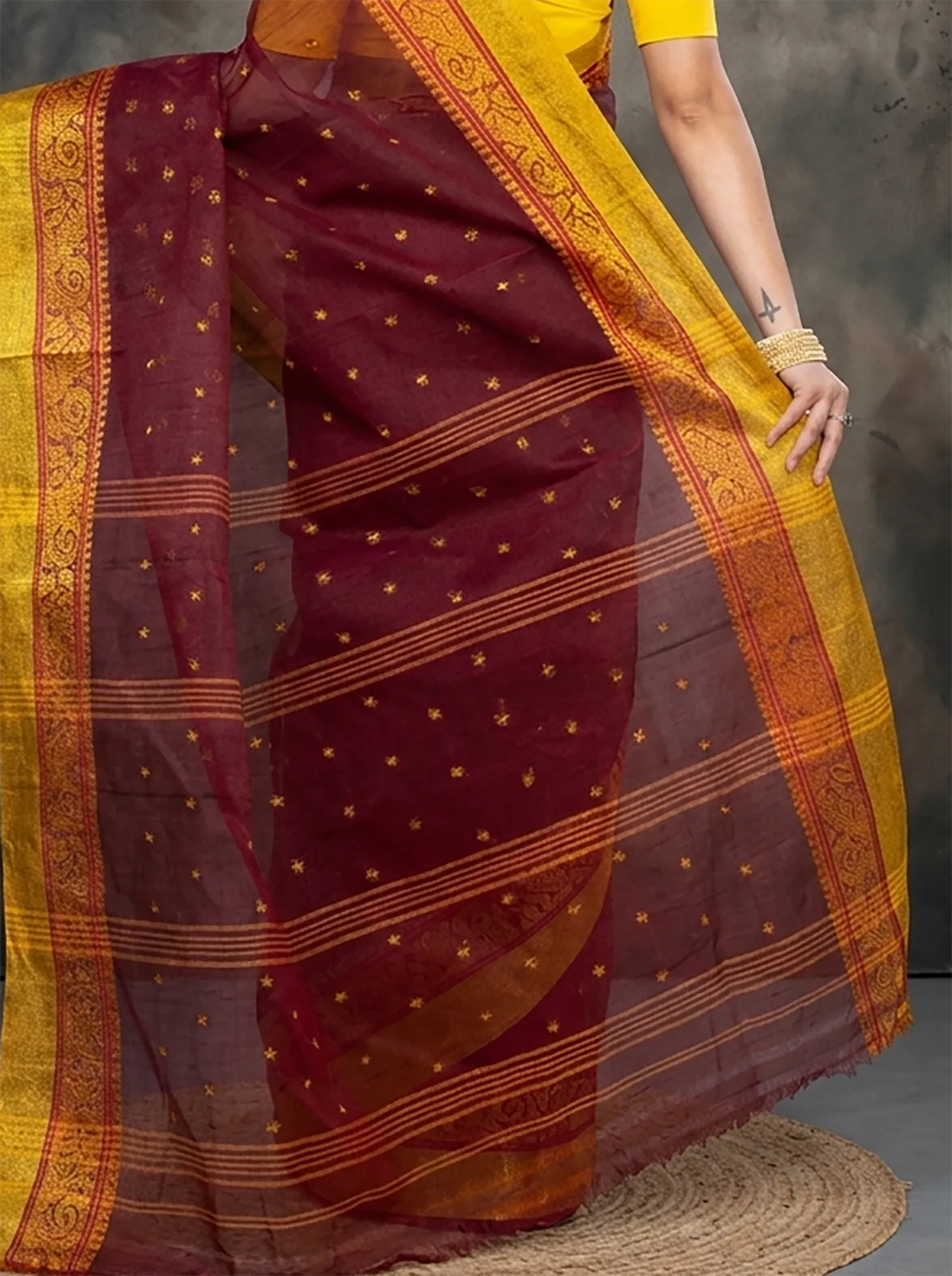 DipDiya Pure Cotton  Traditional Bengali Brown Artisan Crafted Sorbori Tant Saree