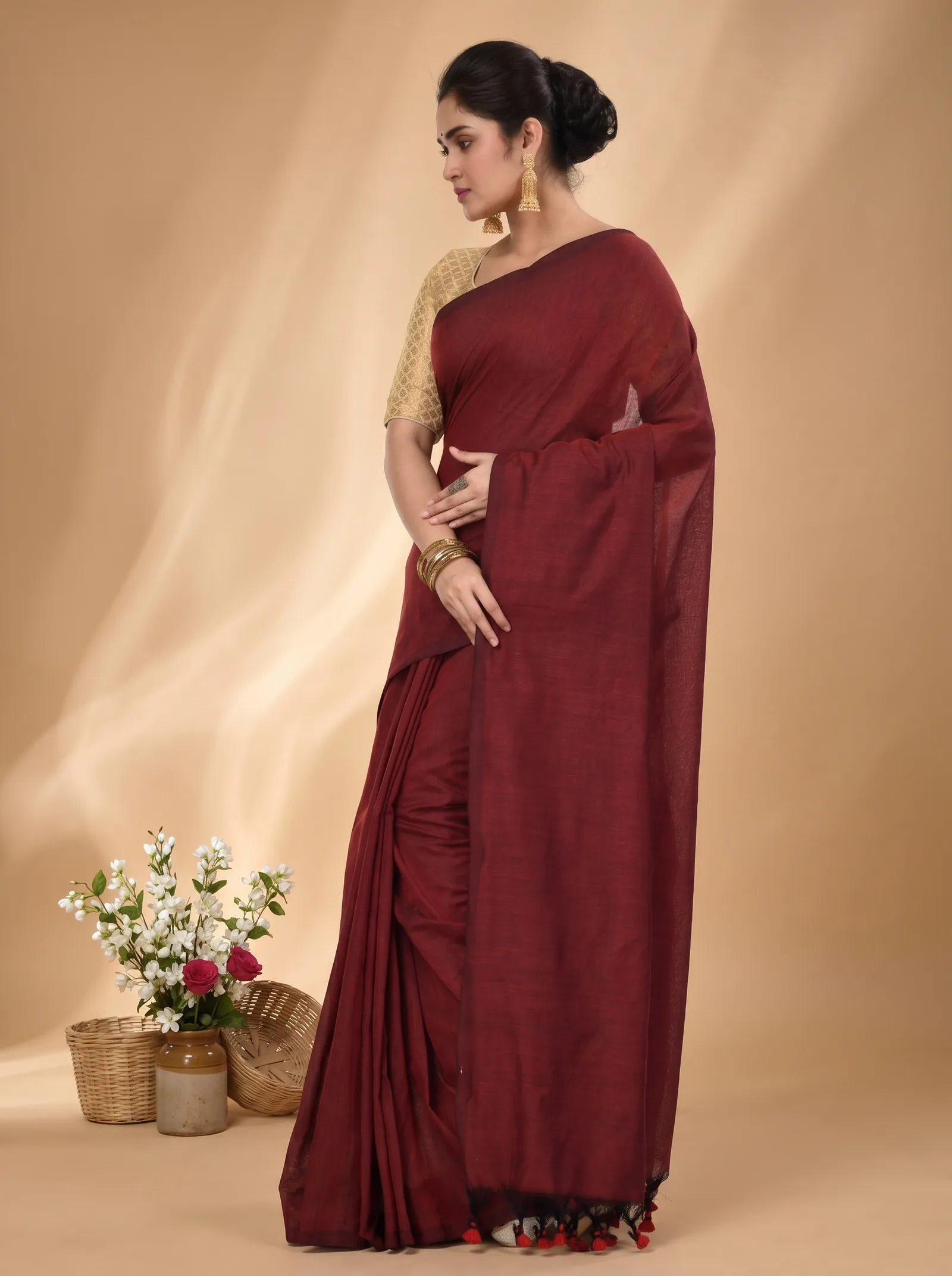 DipDiya Pure Cotton  Traditional Bengali Brown Artisan Crafted Than Handloom Saree