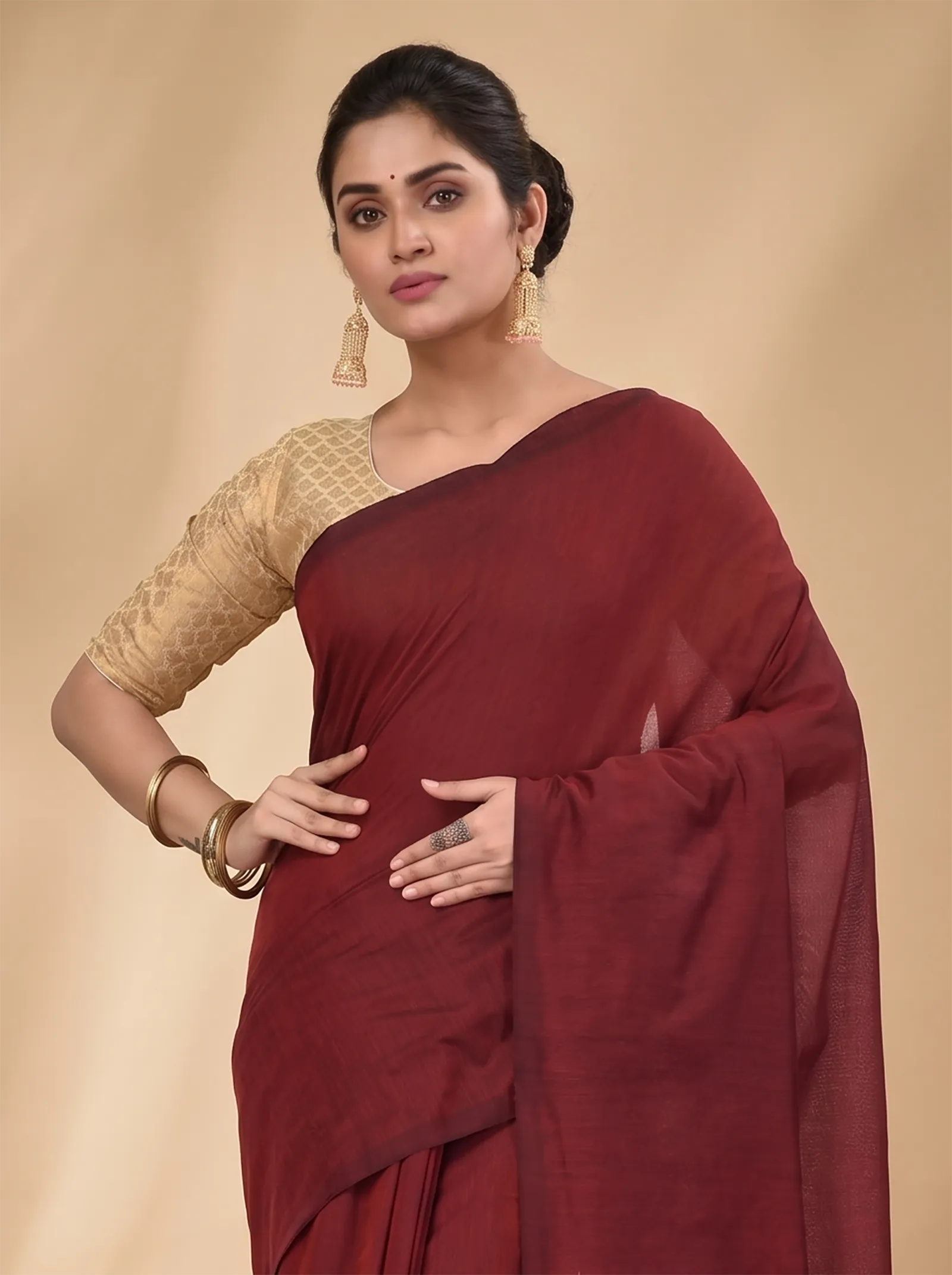 DipDiya Pure Cotton  Traditional Bengali Brown Artisan Crafted Than Handloom Saree