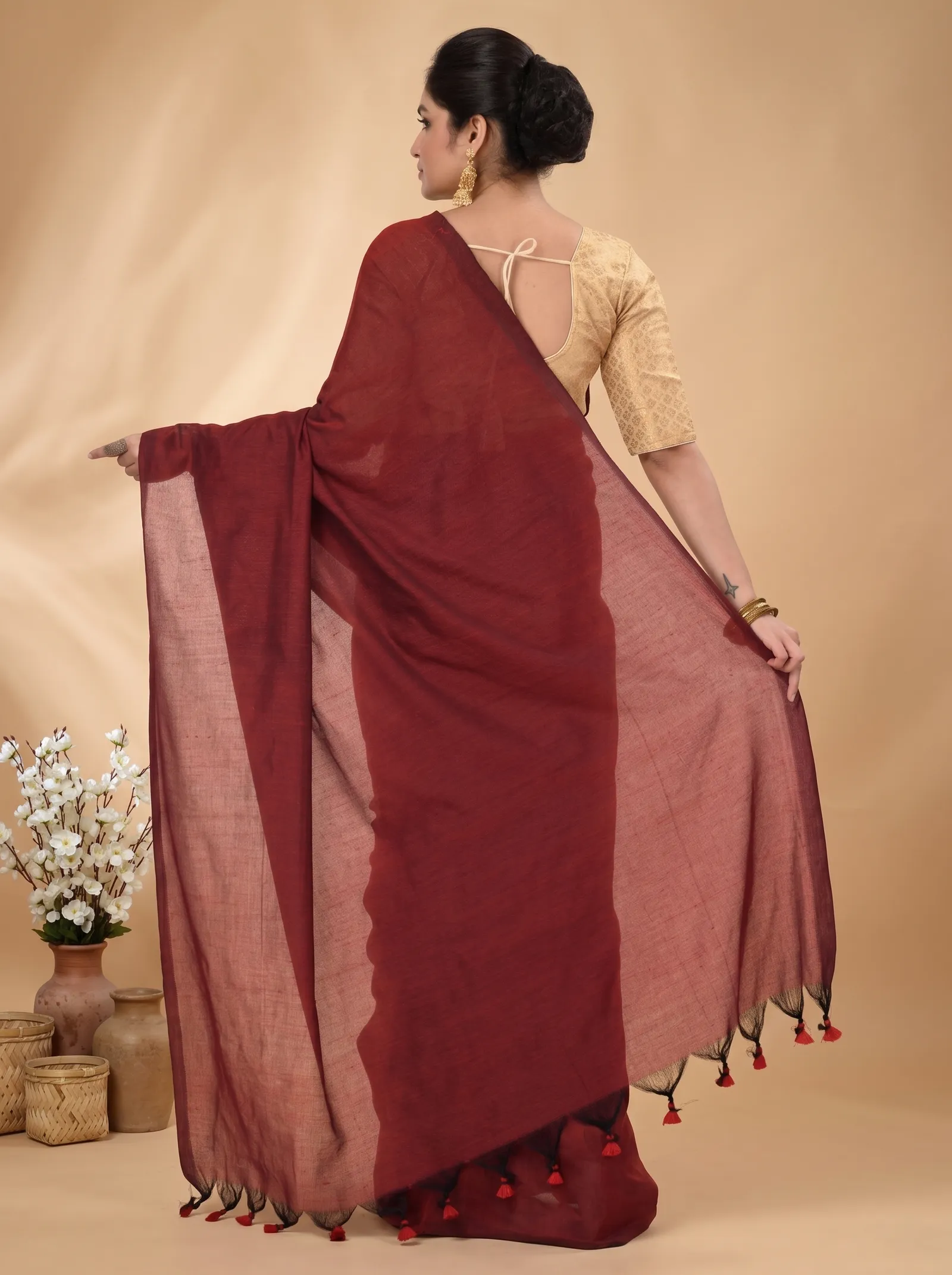 DipDiya Pure Cotton  Traditional Bengali Brown Artisan Crafted Than Handloom Saree