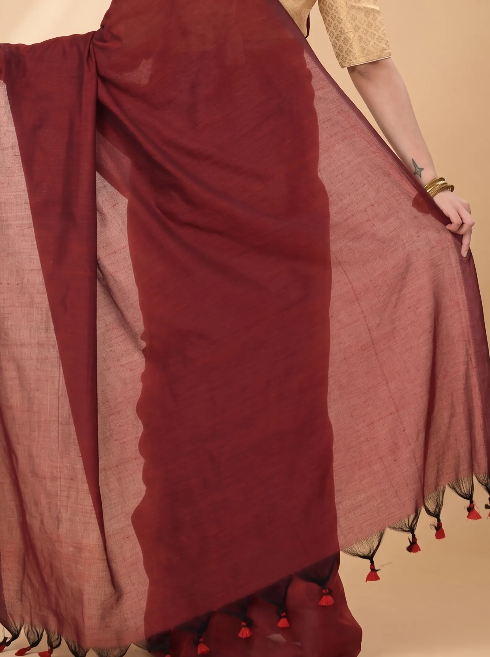 DipDiya Pure Cotton  Traditional Bengali Brown Artisan Crafted Than Handloom Saree