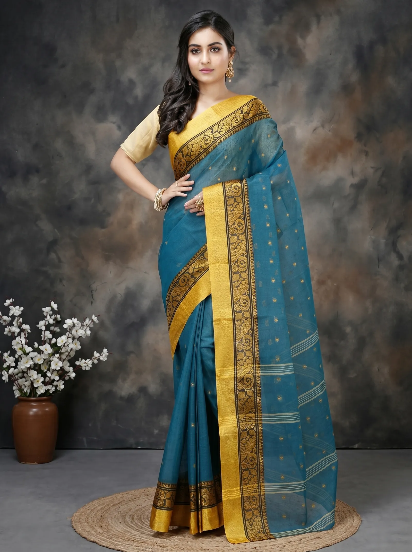 DipDiya Pure Cotton  Traditional Bengali Dark Green Artisan Crafted Sorbori Tant Saree