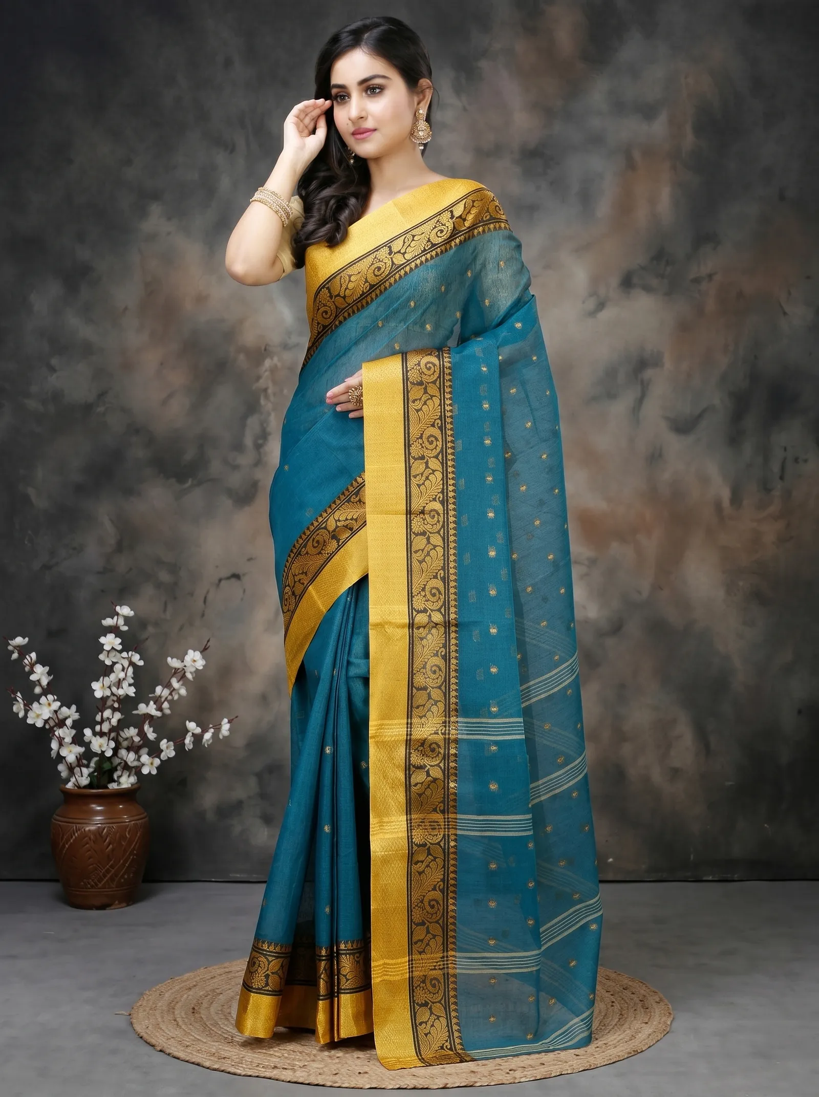 DipDiya Pure Cotton  Traditional Bengali Dark Green Artisan Crafted Sorbori Tant Saree