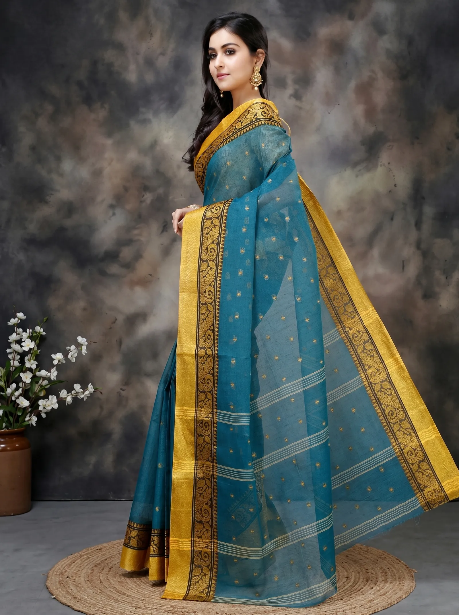 DipDiya Pure Cotton  Traditional Bengali Dark Green Artisan Crafted Sorbori Tant Saree
