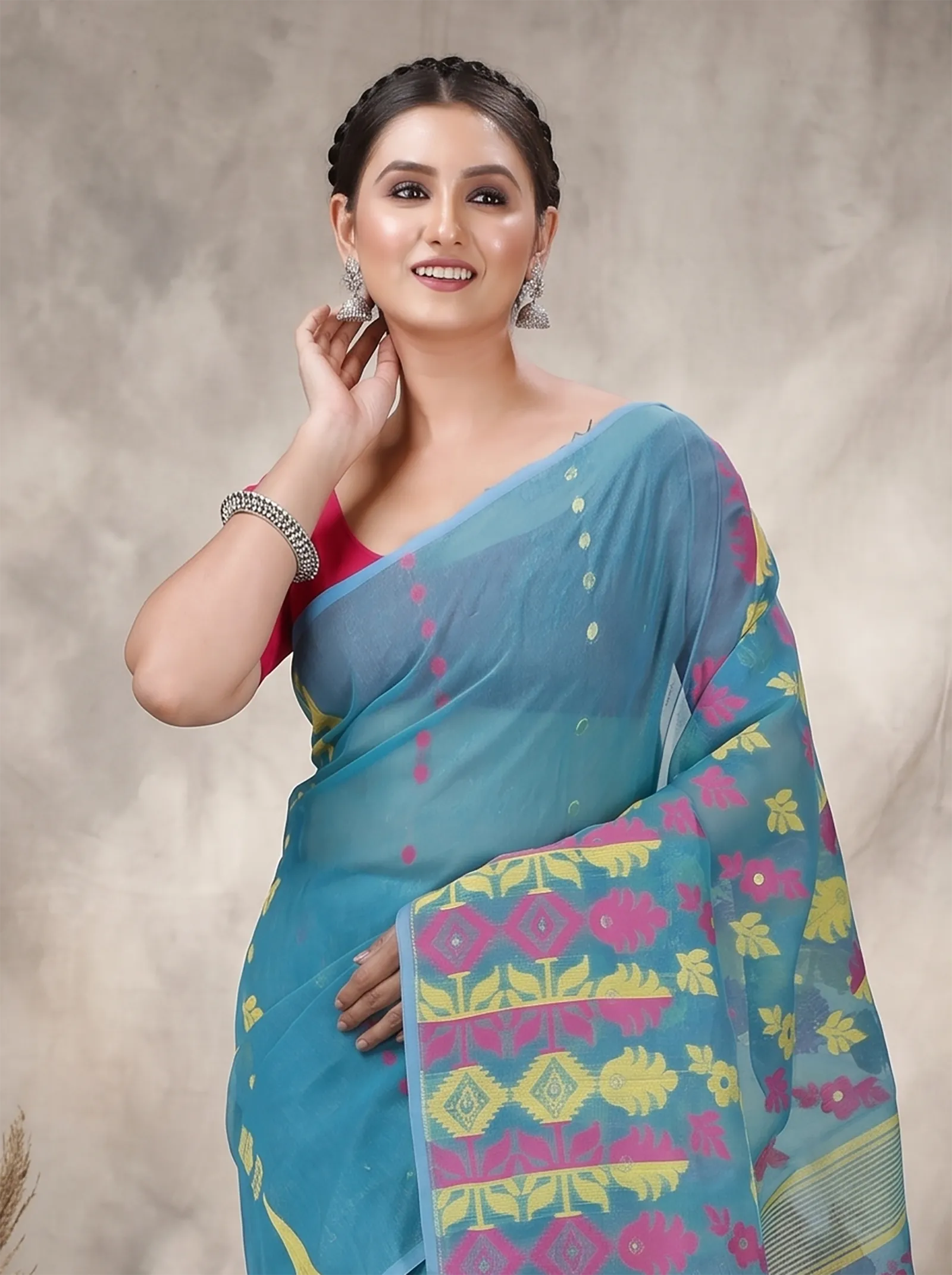 DipDiya Pure Cotton  Traditional Bengali Dark Green Artisan Crafted Urmila Jamdani Saree