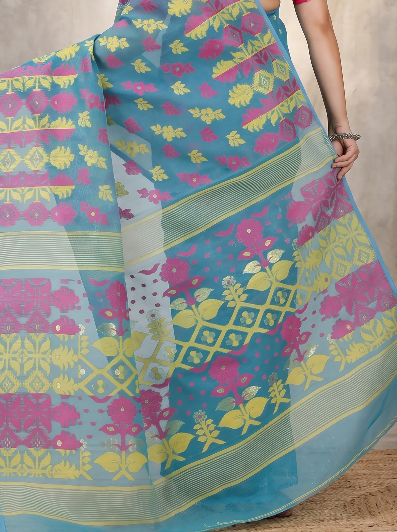 DipDiya Pure Cotton  Traditional Bengali Dark Green Artisan Crafted Urmila Jamdani Saree
