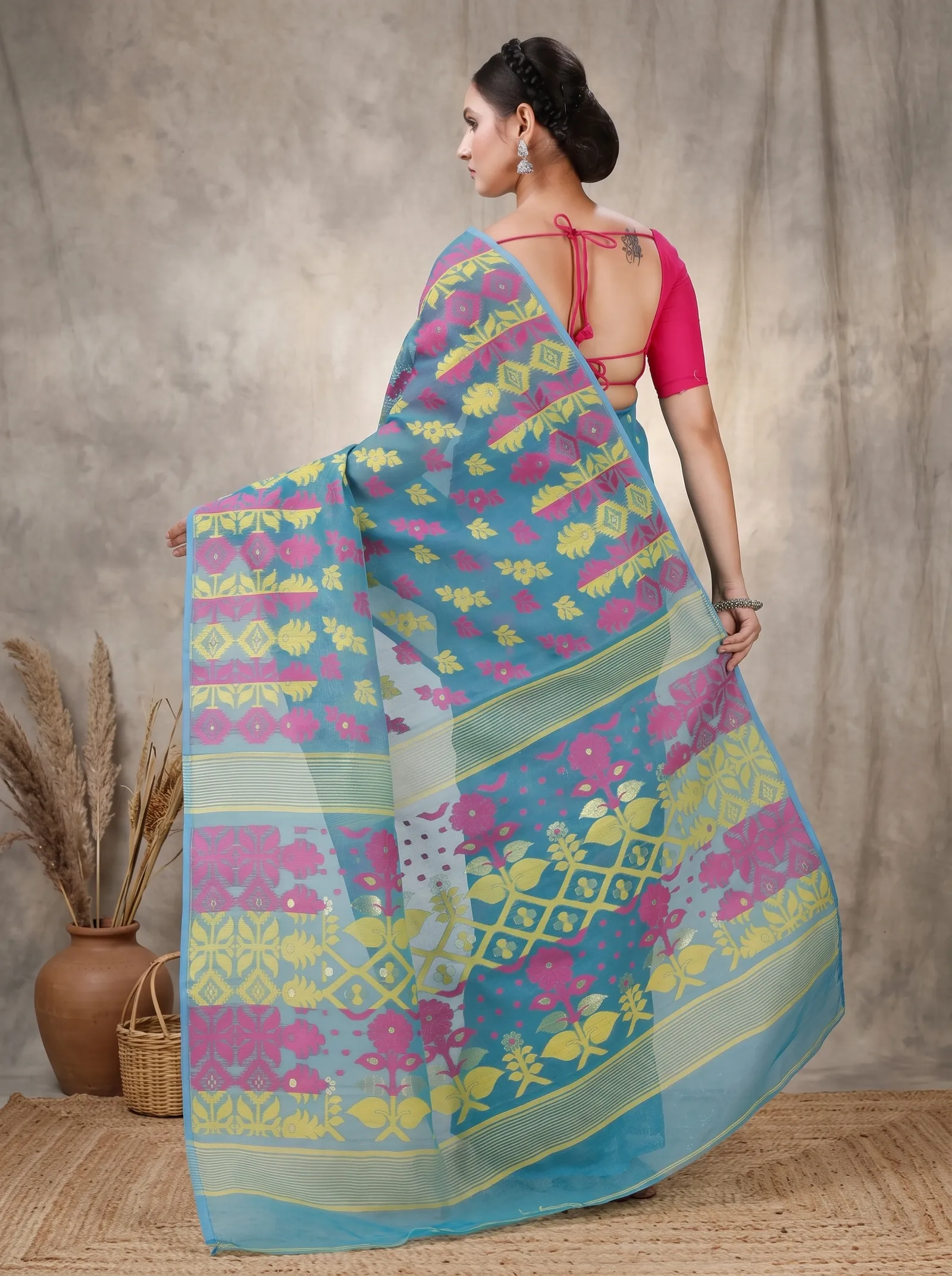 DipDiya Pure Cotton  Traditional Bengali Dark Green Artisan Crafted Urmila Jamdani Saree