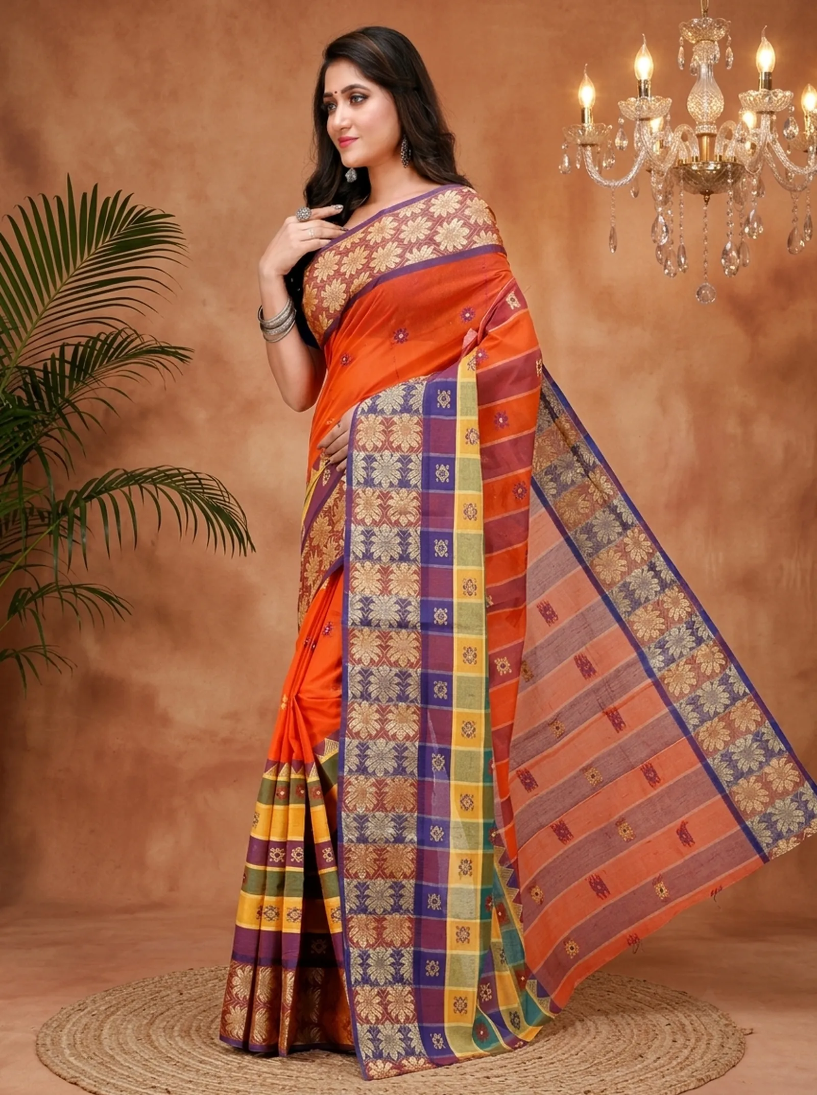 DipDiya Pure Cotton  Traditional Bengali Dark Orange Artisan Crafted FulPar Tant Saree