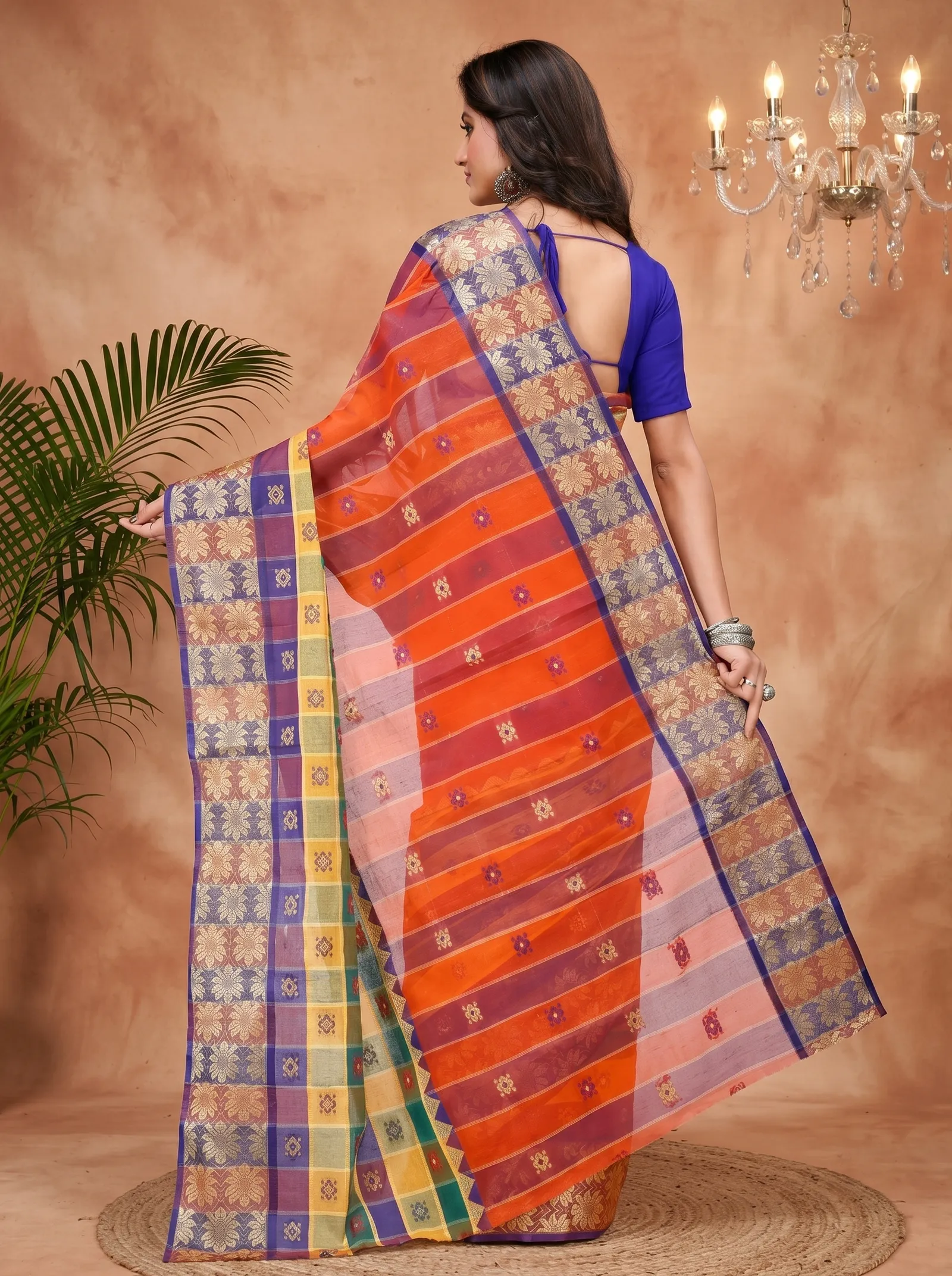 DipDiya Pure Cotton  Traditional Bengali Dark Orange Artisan Crafted FulPar Tant Saree