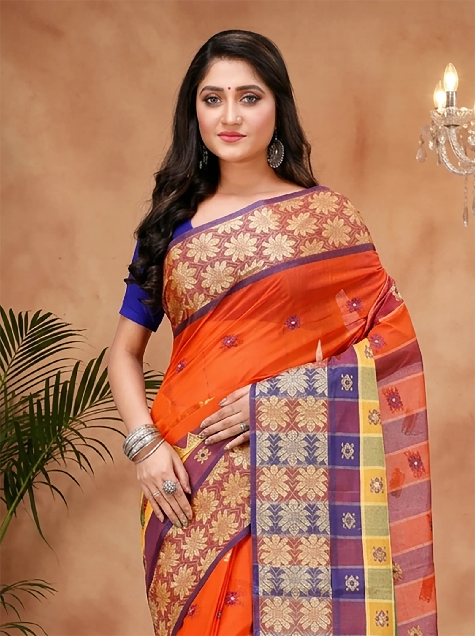 DipDiya Pure Cotton  Traditional Bengali Dark Orange Artisan Crafted FulPar Tant Saree