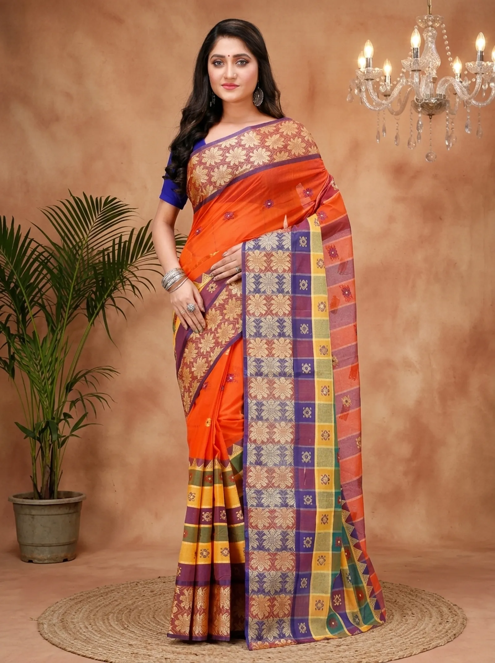 DipDiya Pure Cotton  Traditional Bengali Dark Orange Artisan Crafted FulPar Tant Saree