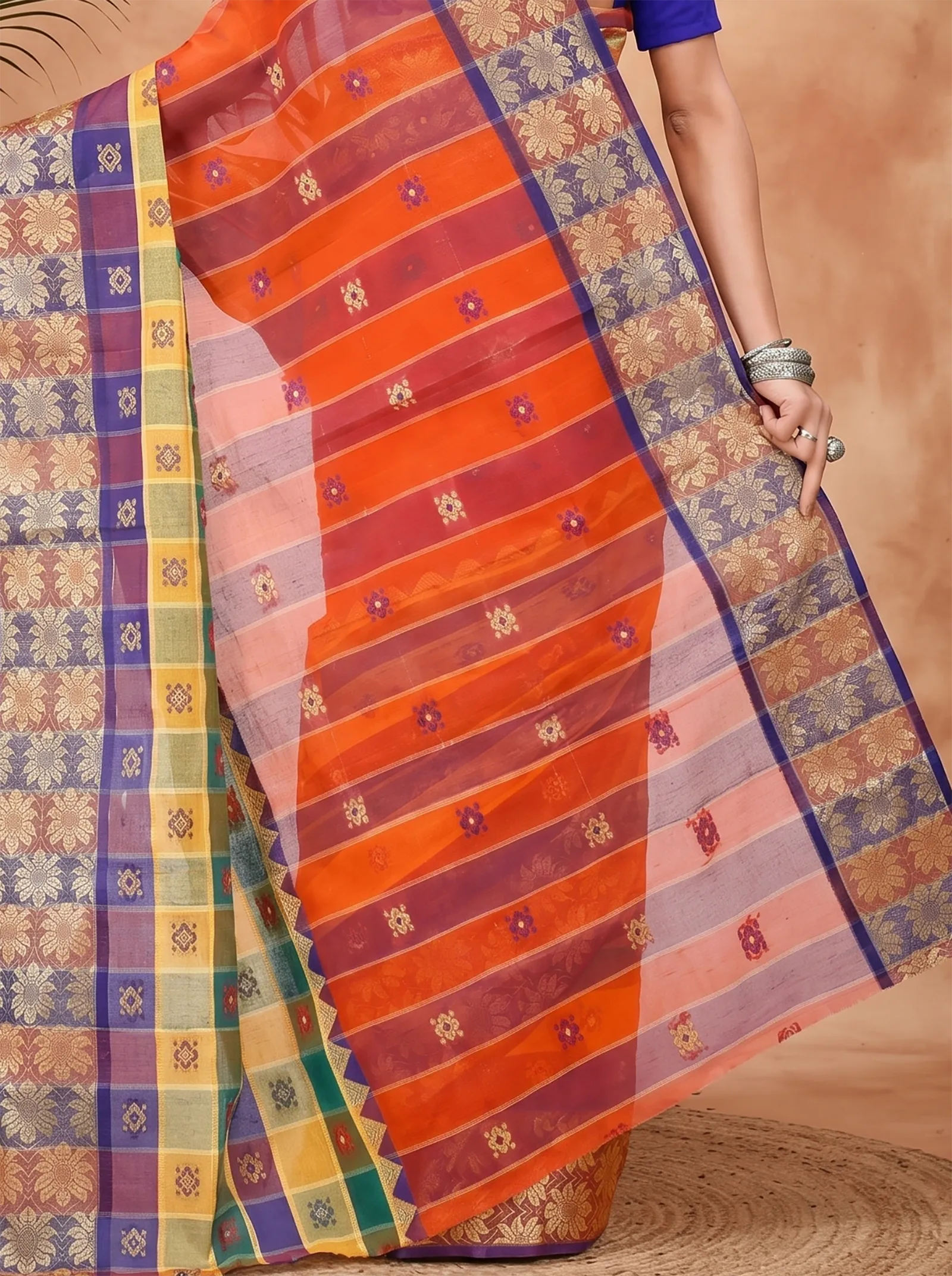 DipDiya Pure Cotton  Traditional Bengali Dark Orange Artisan Crafted FulPar Tant Saree
