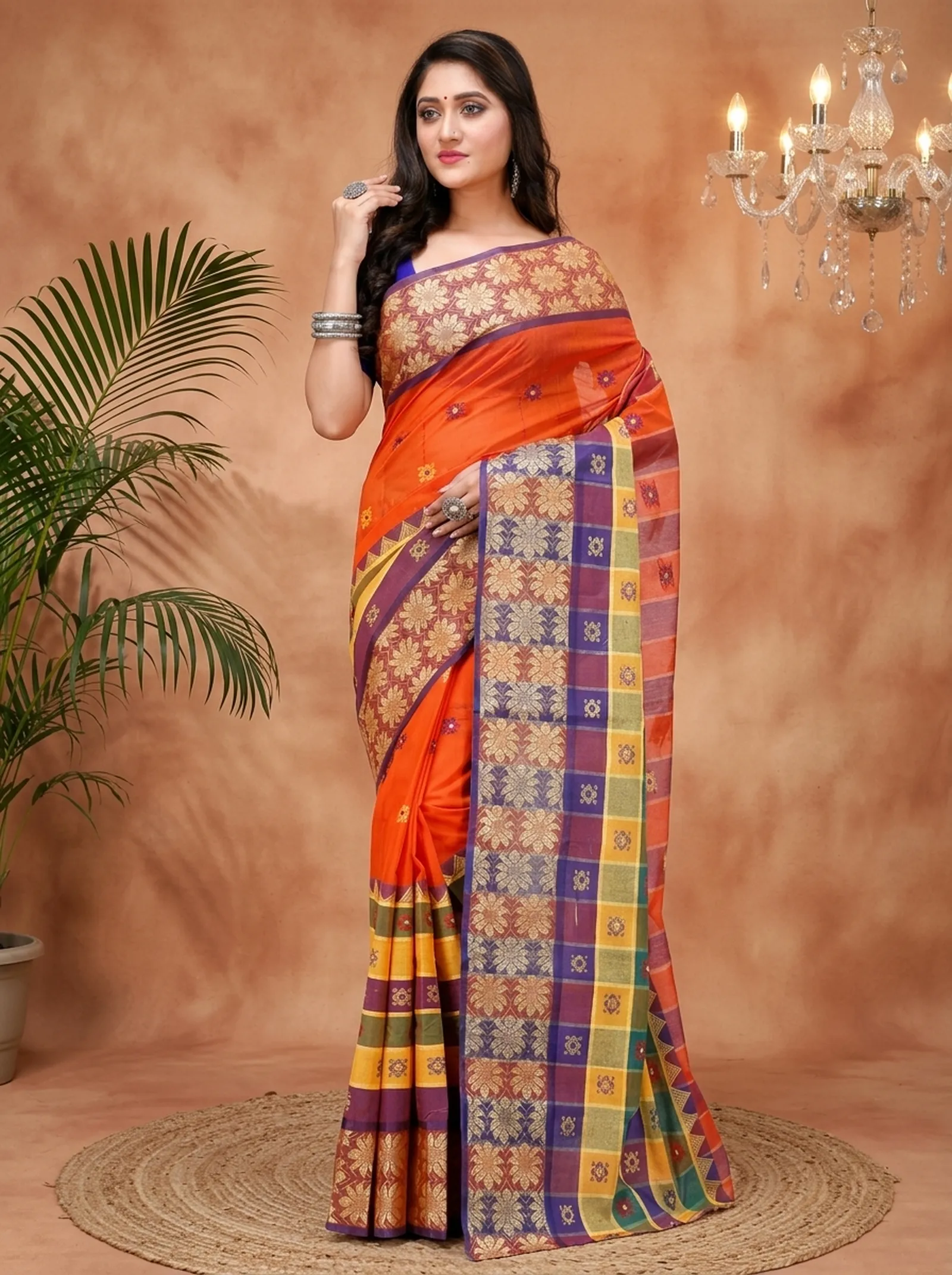 DipDiya Pure Cotton  Traditional Bengali Dark Orange Artisan Crafted FulPar Tant Saree