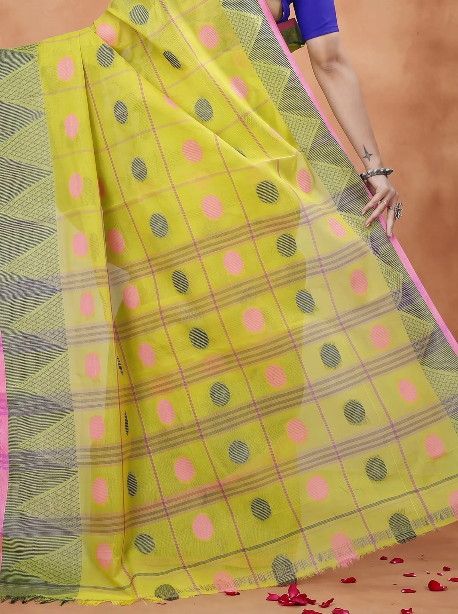 DipDiya Pure Cotton  Traditional Bengali Dark Yellow Artisan Crafted Rebeka Tant Saree