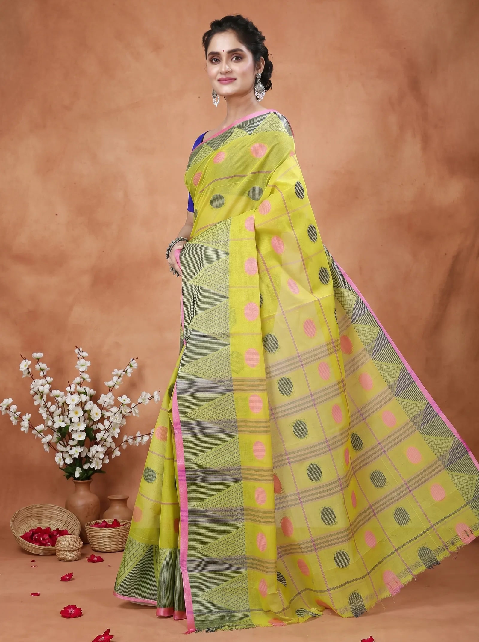DipDiya Pure Cotton  Traditional Bengali Dark Yellow Artisan Crafted Rebeka Tant Saree