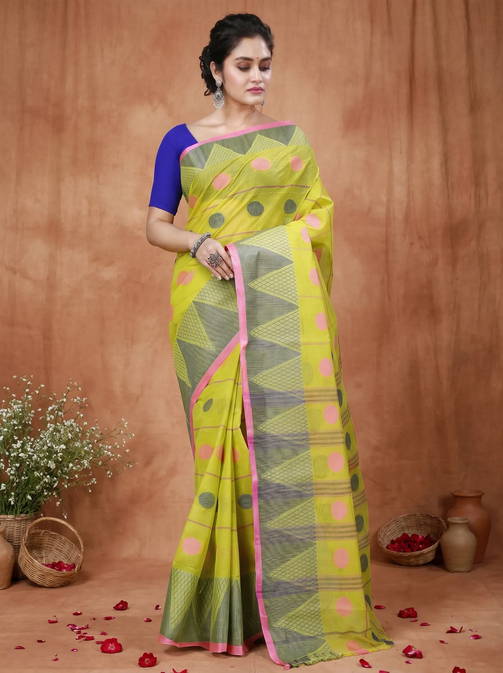 DipDiya Pure Cotton  Traditional Bengali Dark Yellow Artisan Crafted Rebeka Tant Saree