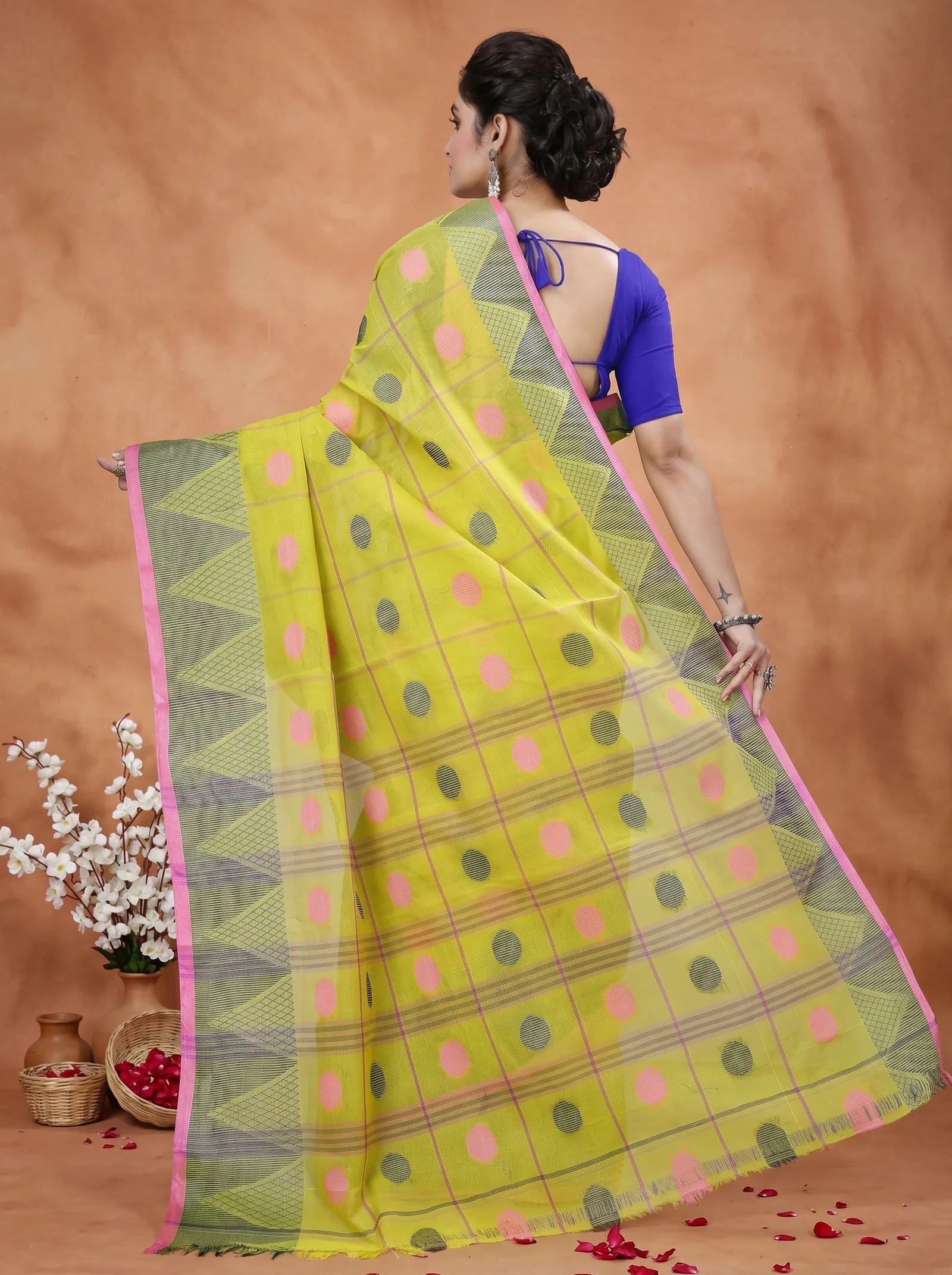 DipDiya Pure Cotton  Traditional Bengali Dark Yellow Artisan Crafted Rebeka Tant Saree