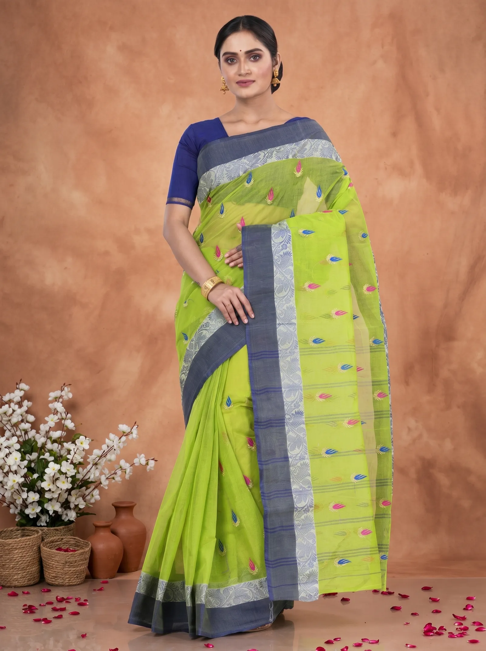 DipDiya Pure Cotton  Traditional Bengali Green Artisan Crafted Dip Embro Embroidery Tant Saree
