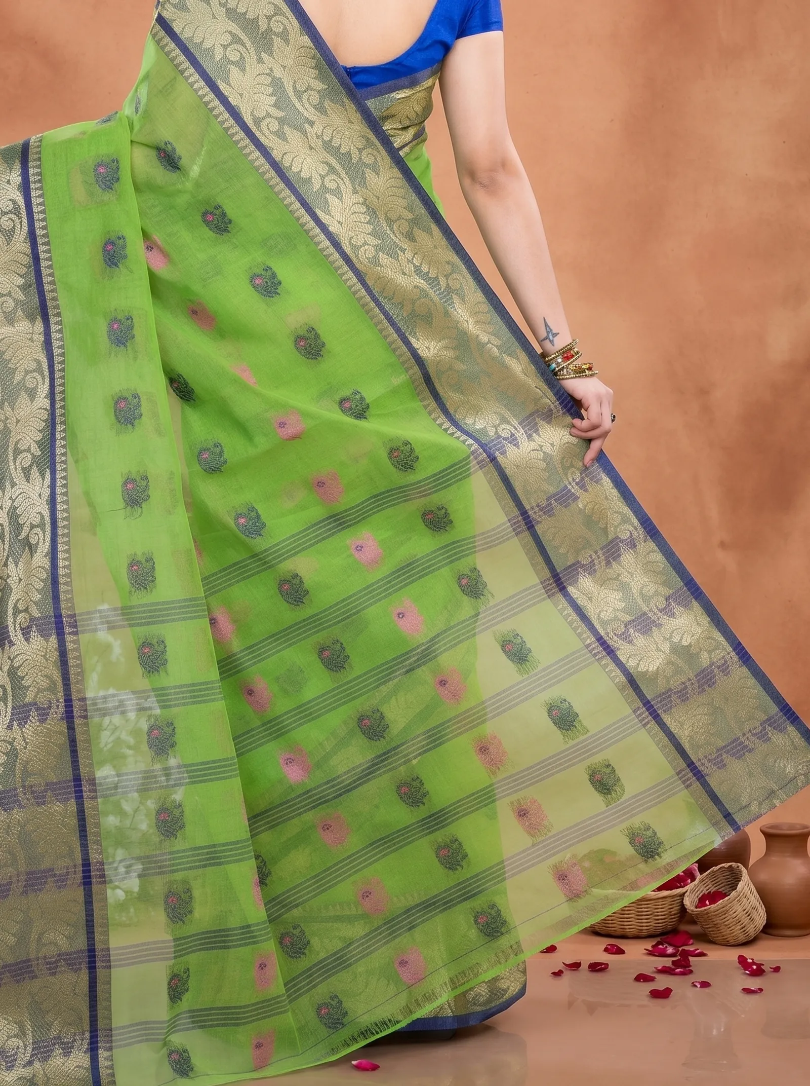 DipDiya Pure Cotton  Traditional Bengali Green Artisan Crafted HasFul Tant Saree