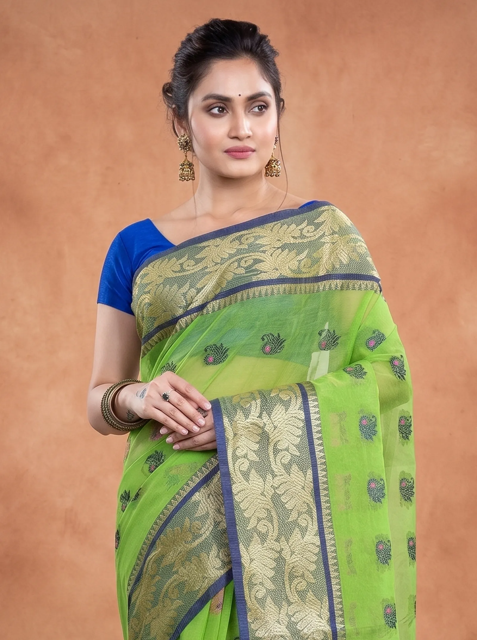 DipDiya Pure Cotton  Traditional Bengali Green Artisan Crafted HasFul Tant Saree