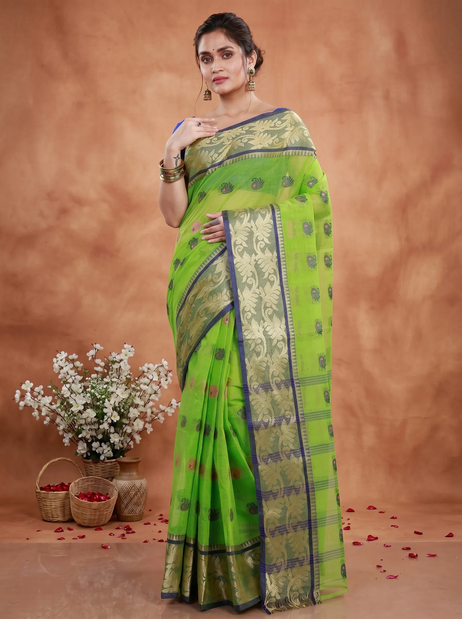 DipDiya Pure Cotton  Traditional Bengali Green Artisan Crafted HasFul Tant Saree