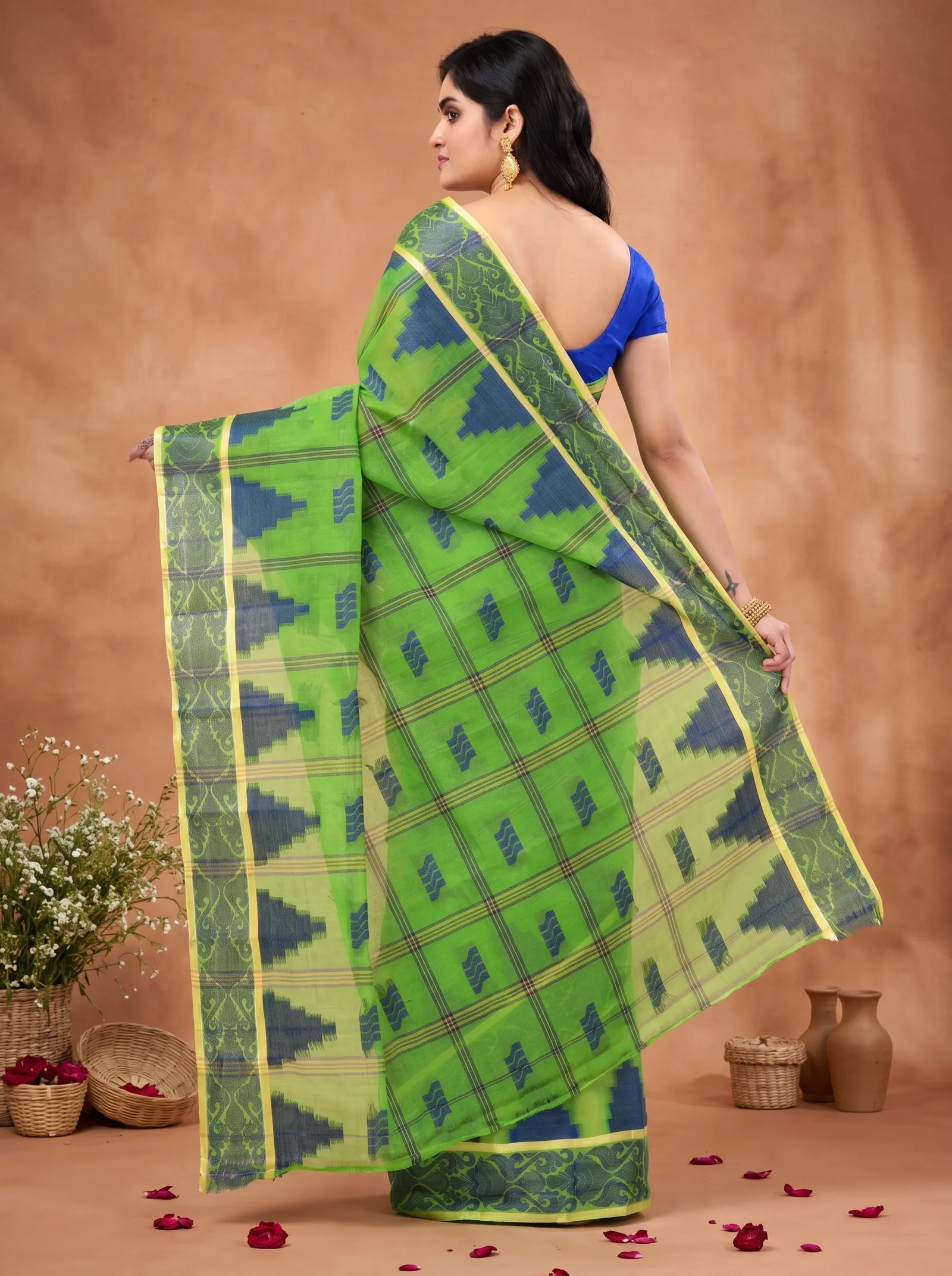 DipDiya Pure Cotton  Traditional Bengali Green Artisan Crafted Kamala Desiging Tant Saree