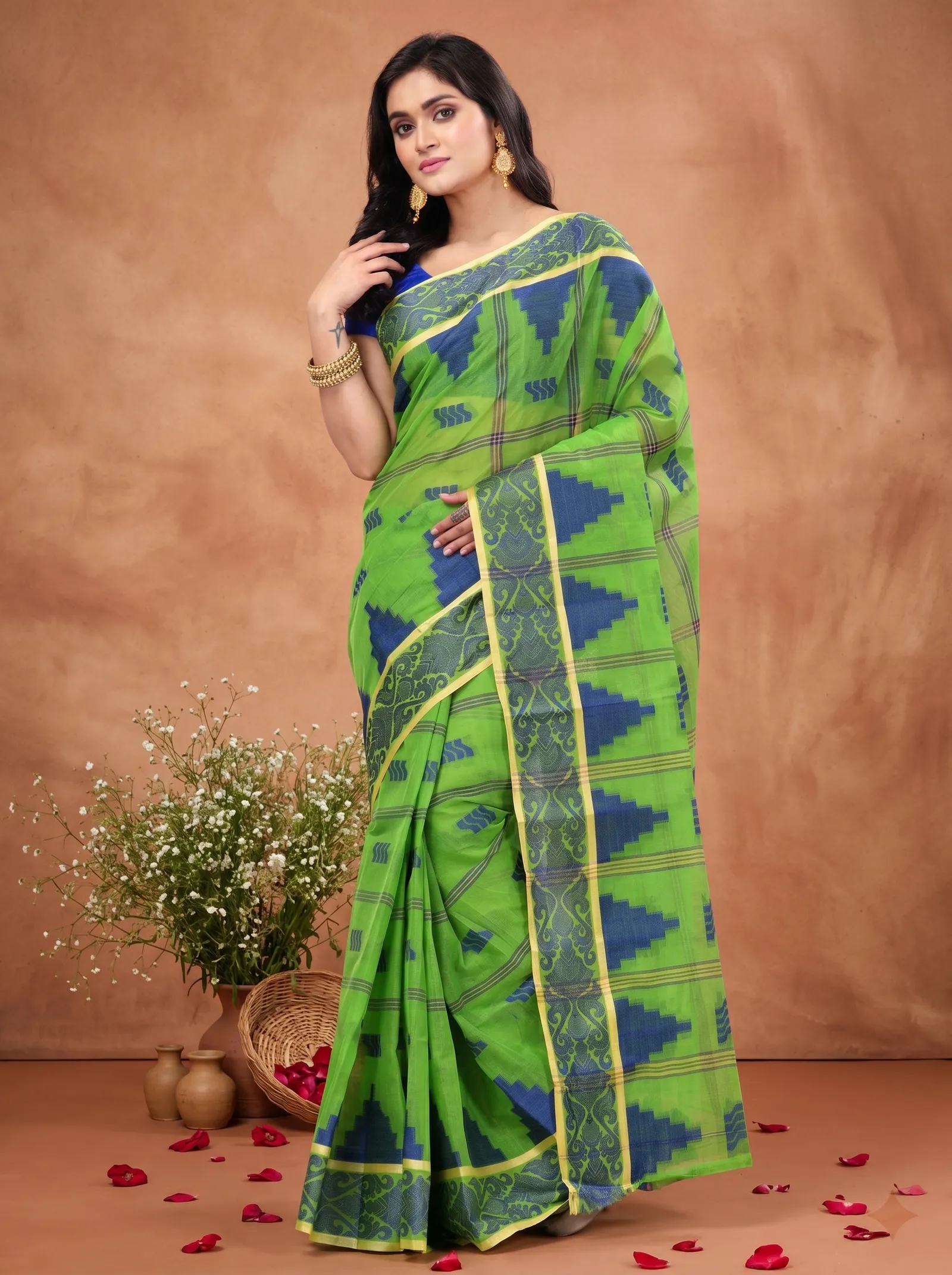 DipDiya Pure Cotton  Traditional Bengali Green Artisan Crafted Kamala Desiging Tant Saree