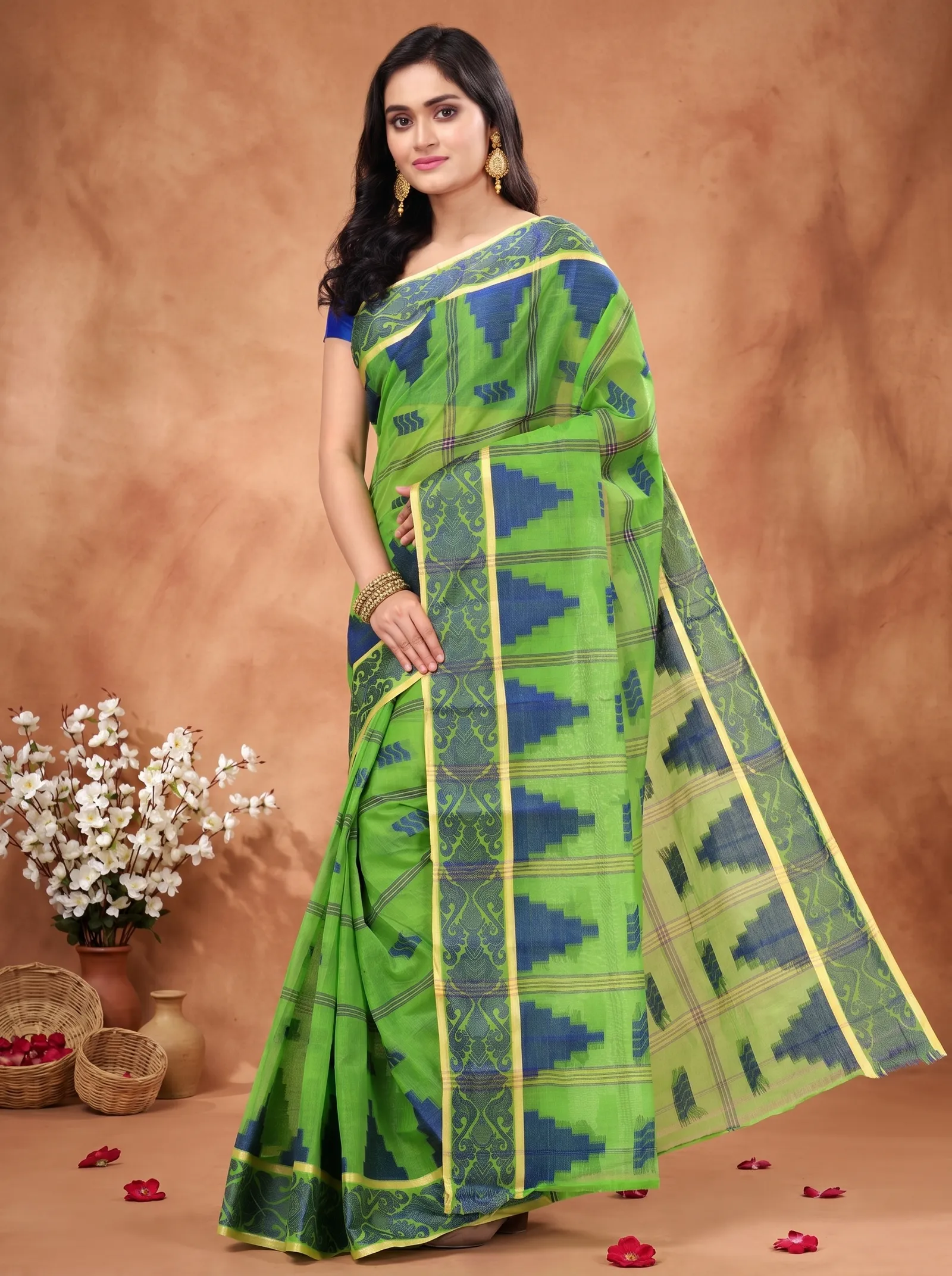 DipDiya Pure Cotton  Traditional Bengali Green Artisan Crafted Kamala Desiging Tant Saree