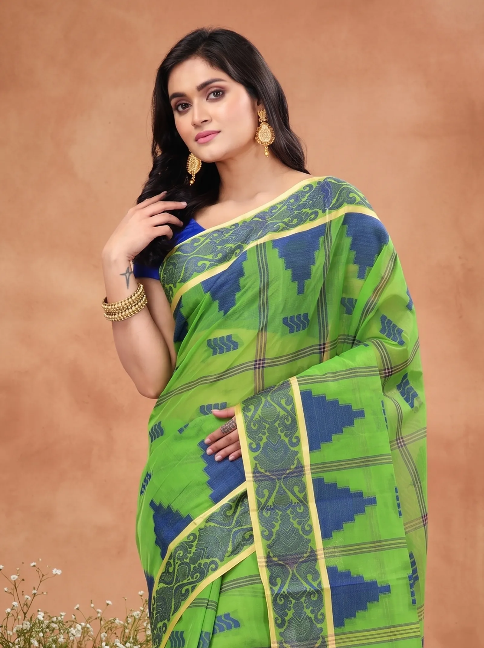 DipDiya Pure Cotton  Traditional Bengali Green Artisan Crafted Kamala Desiging Tant Saree