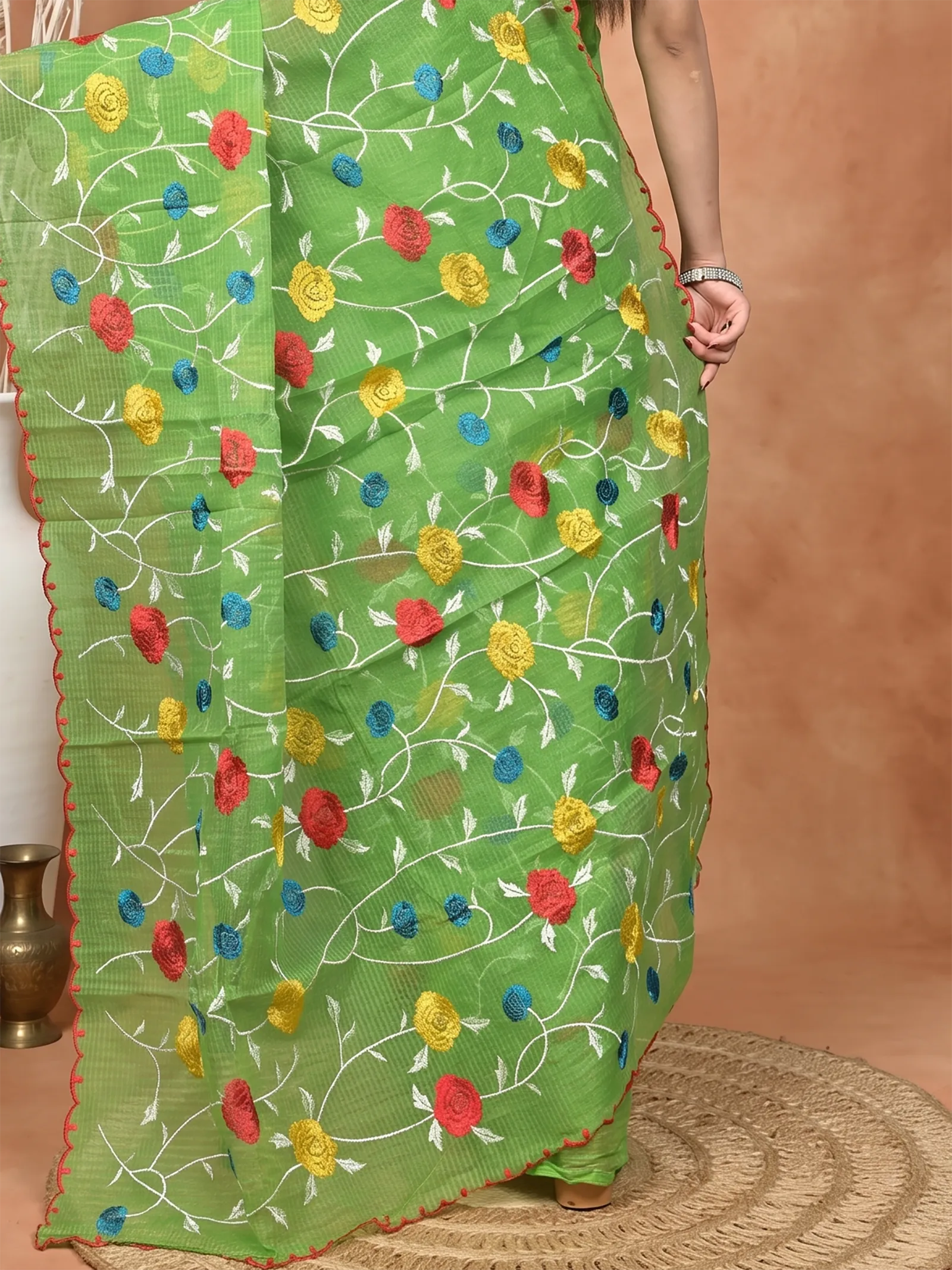 DipDiya Pure Cotton  Traditional Bengali Green Artisan Crafted Kotambo Kota Embroidery Saree