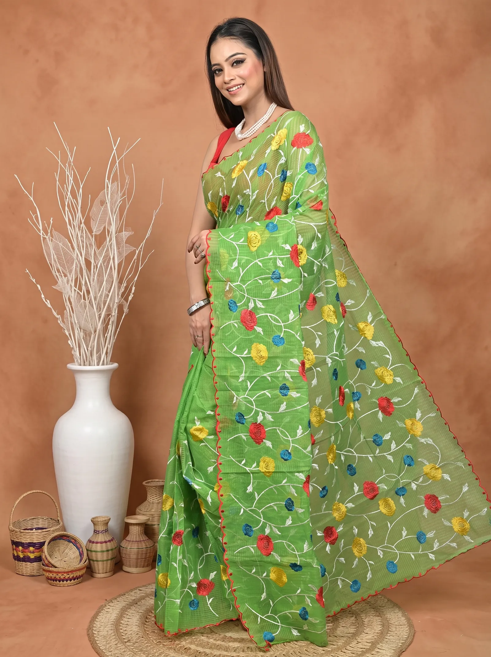 DipDiya Pure Cotton  Traditional Bengali Green Artisan Crafted Kotambo Kota Embroidery Saree