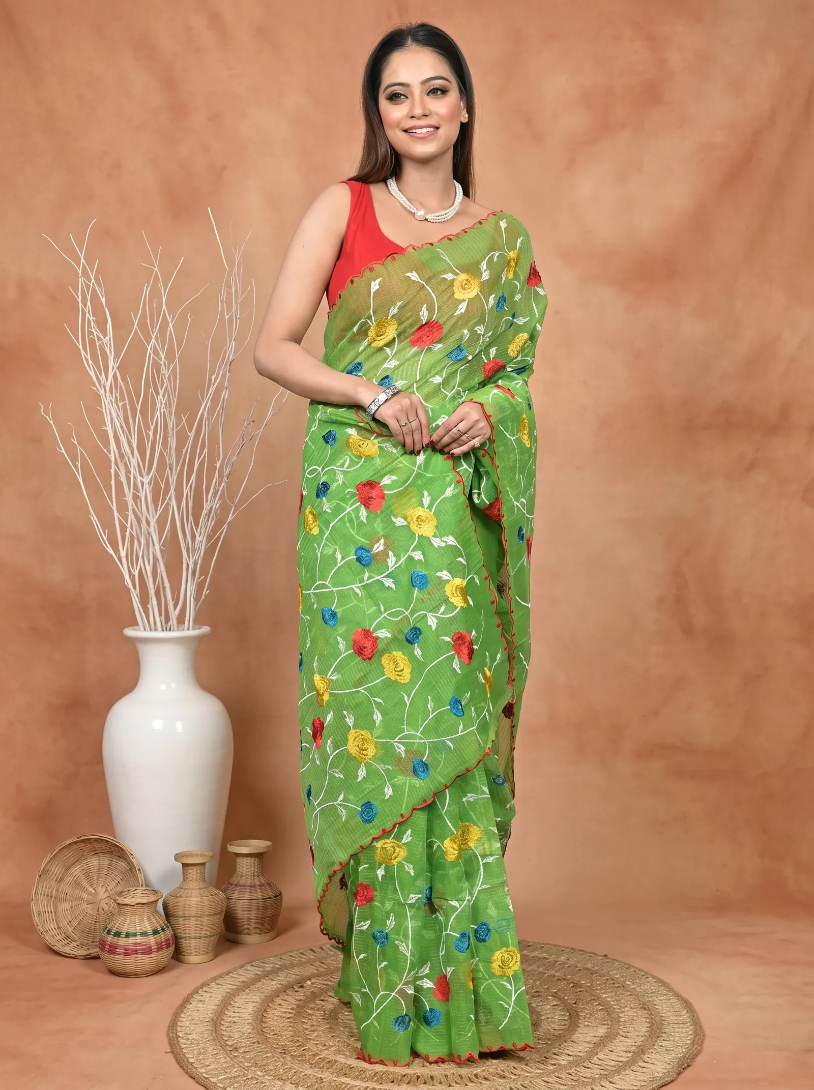 DipDiya Pure Cotton  Traditional Bengali Green Artisan Crafted Kotambo Kota Embroidery Saree