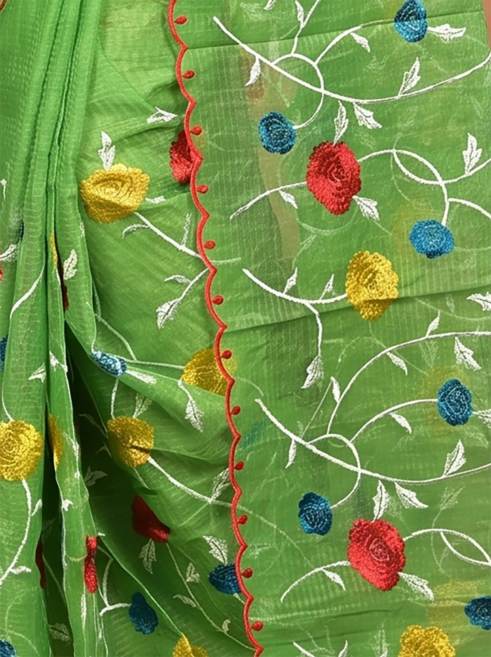 DipDiya Pure Cotton  Traditional Bengali Green Artisan Crafted Kotambo Kota Embroidery Saree