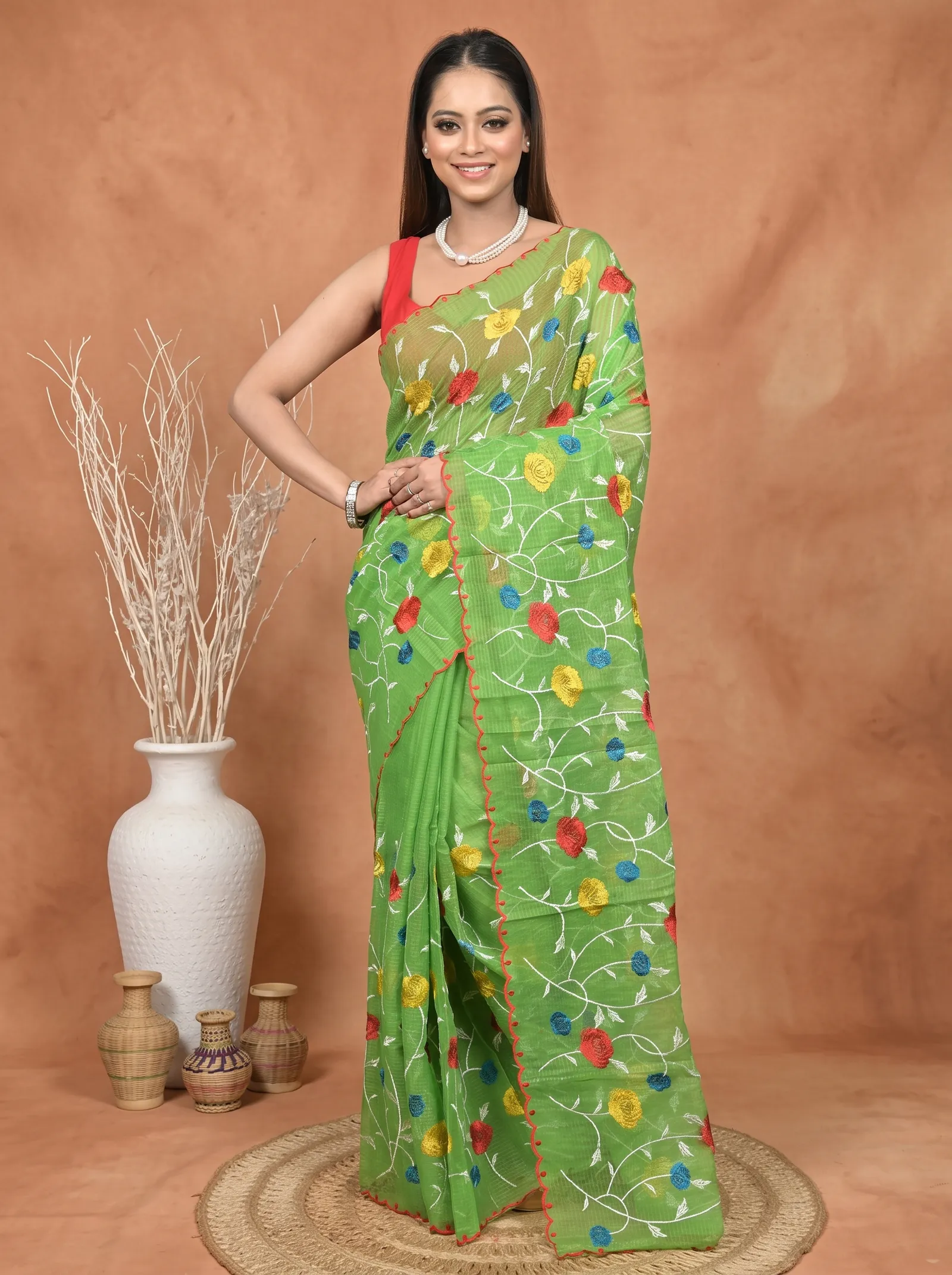 DipDiya Pure Cotton  Traditional Bengali Green Artisan Crafted Kotambo Kota Embroidery Saree