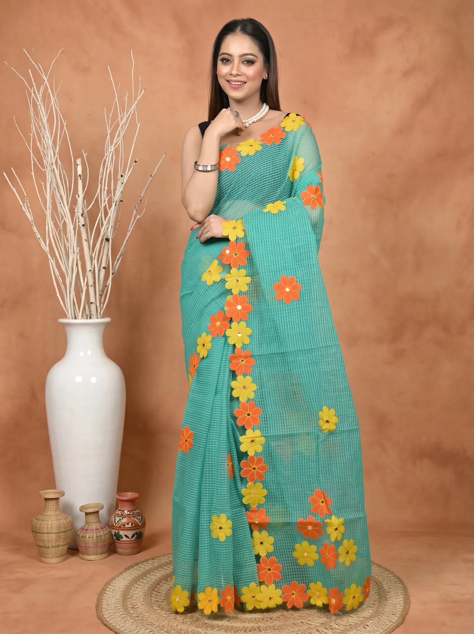 DipDiya Pure Cotton  Traditional Bengali Green Artisan Crafted Kotaplik Kota Applique Saree