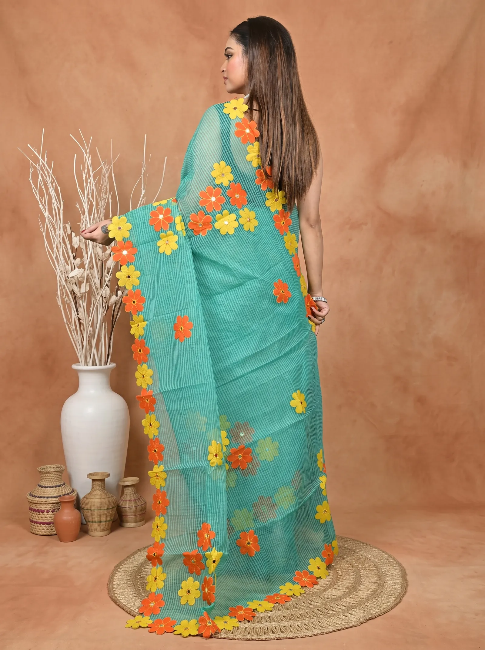 DipDiya Pure Cotton  Traditional Bengali Green Artisan Crafted Kotaplik Kota Applique Saree