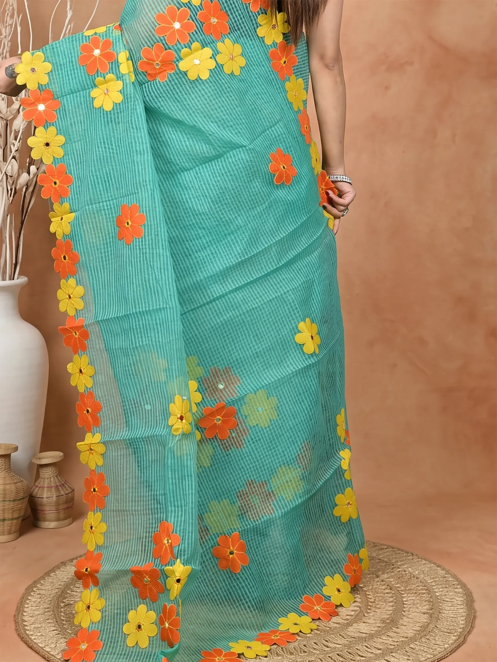 DipDiya Pure Cotton  Traditional Bengali Green Artisan Crafted Kotaplik Kota Applique Saree