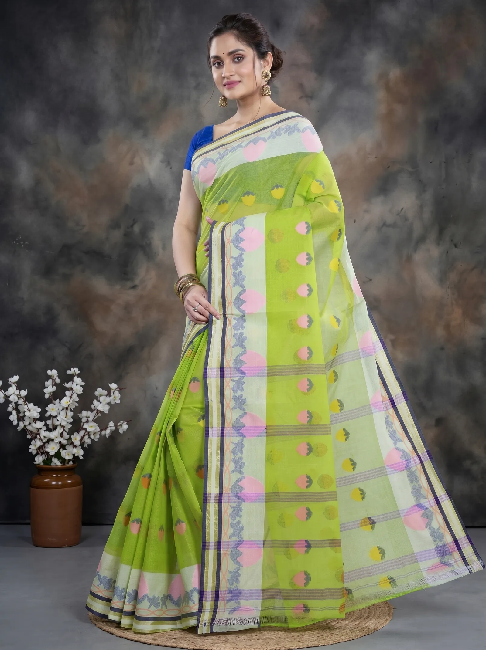 DipDiya Pure Cotton  Traditional Bengali Green Artisan Crafted PaddaPar Tant Saree