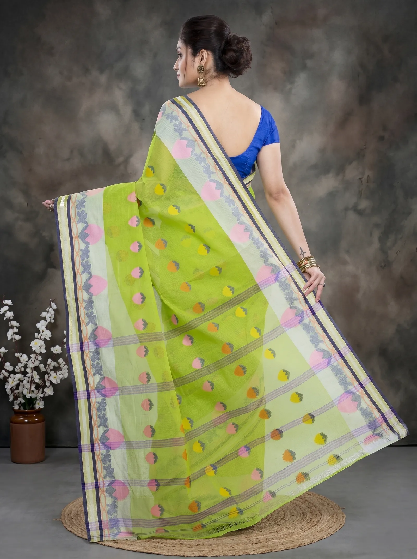 DipDiya Pure Cotton  Traditional Bengali Green Artisan Crafted PaddaPar Tant Saree