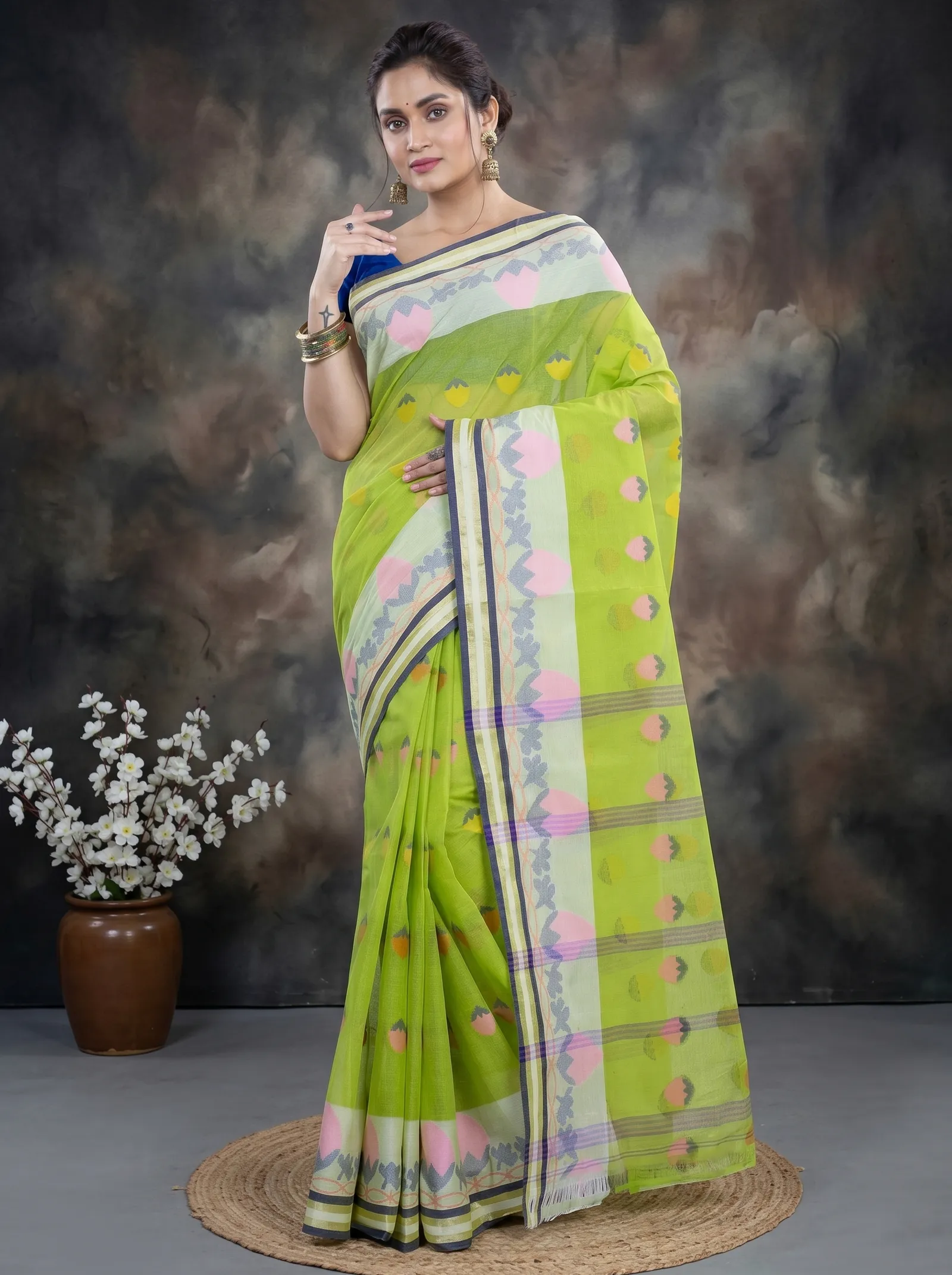 DipDiya Pure Cotton  Traditional Bengali Green Artisan Crafted PaddaPar Tant Saree