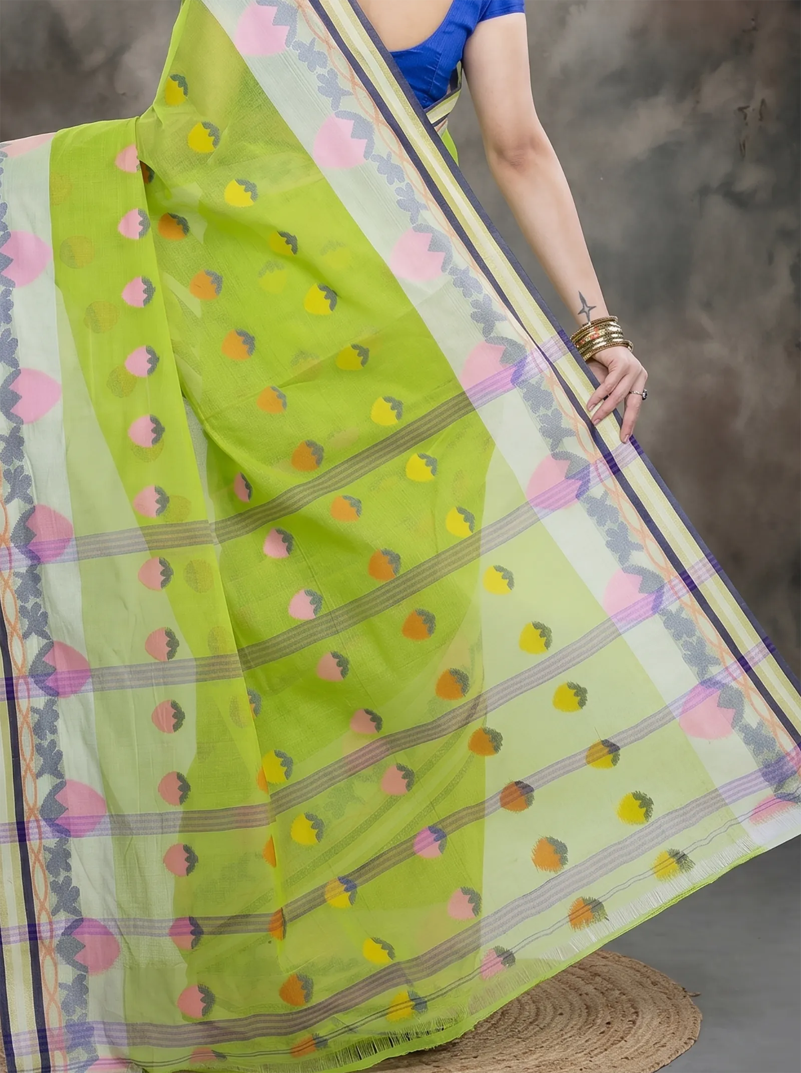 DipDiya Pure Cotton  Traditional Bengali Green Artisan Crafted PaddaPar Tant Saree