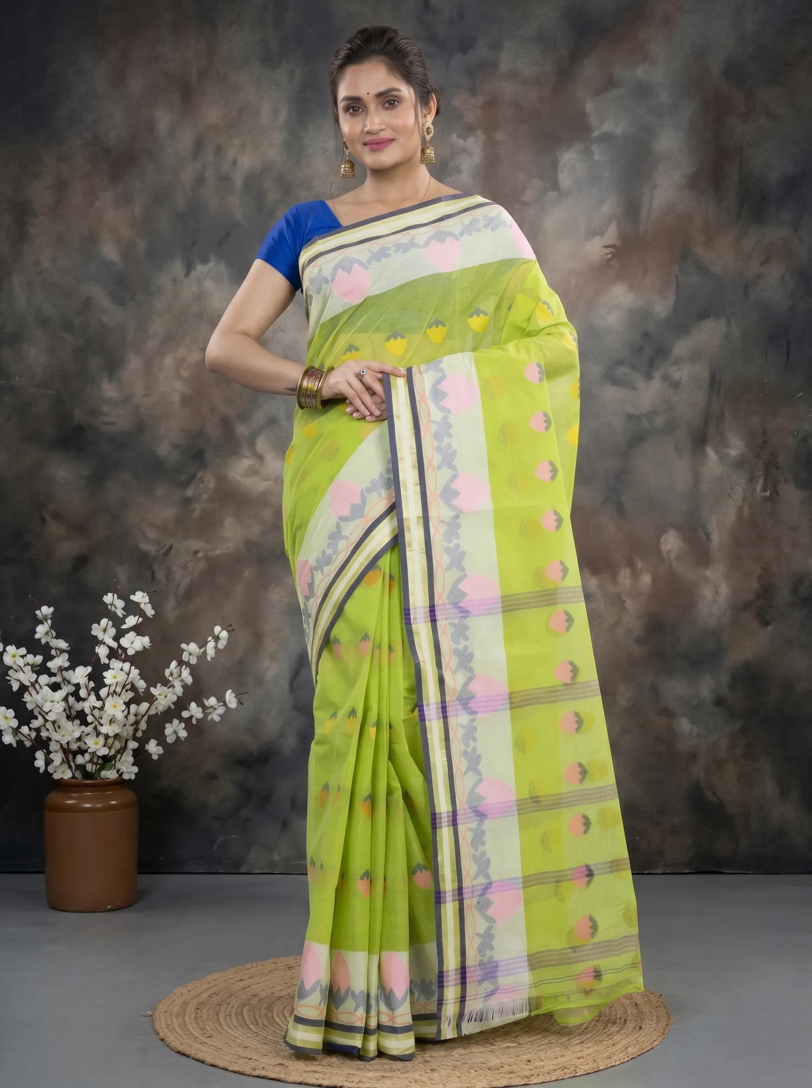 DipDiya Pure Cotton  Traditional Bengali Green Artisan Crafted PaddaPar Tant Saree