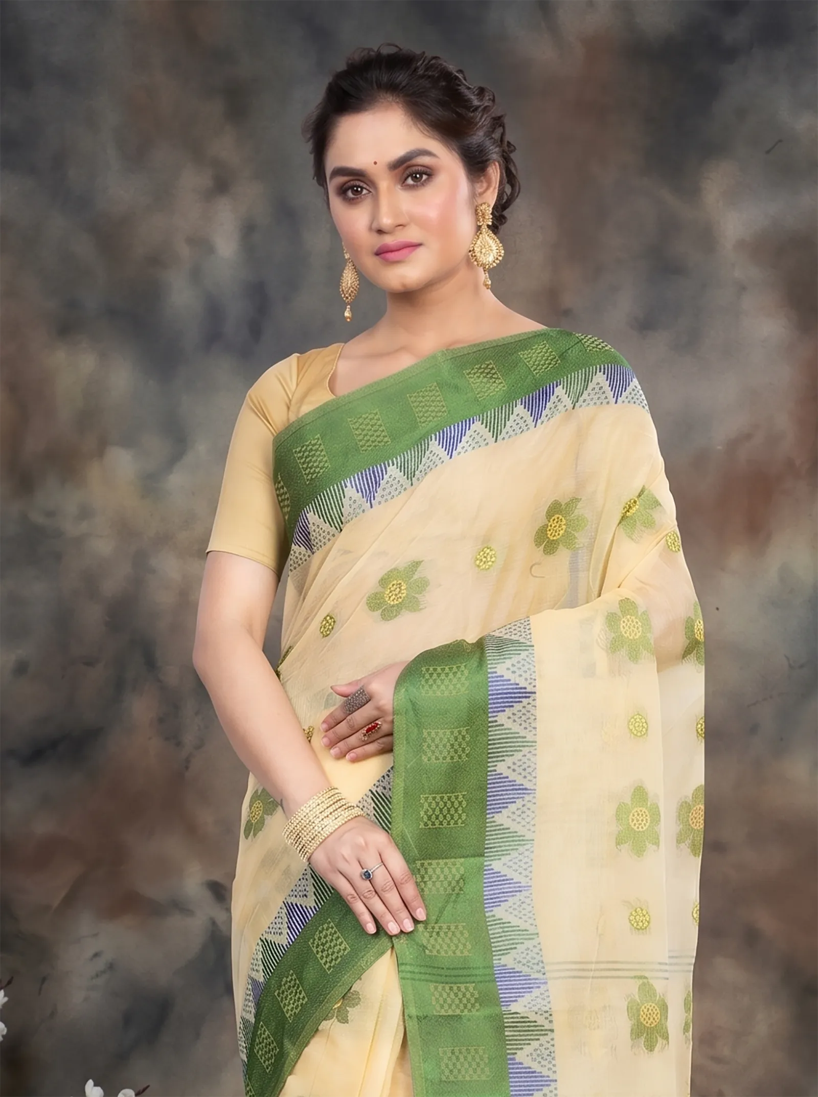 DipDiya Pure Cotton  Traditional Bengali Green Artisan Crafted Palasful Tant Saree