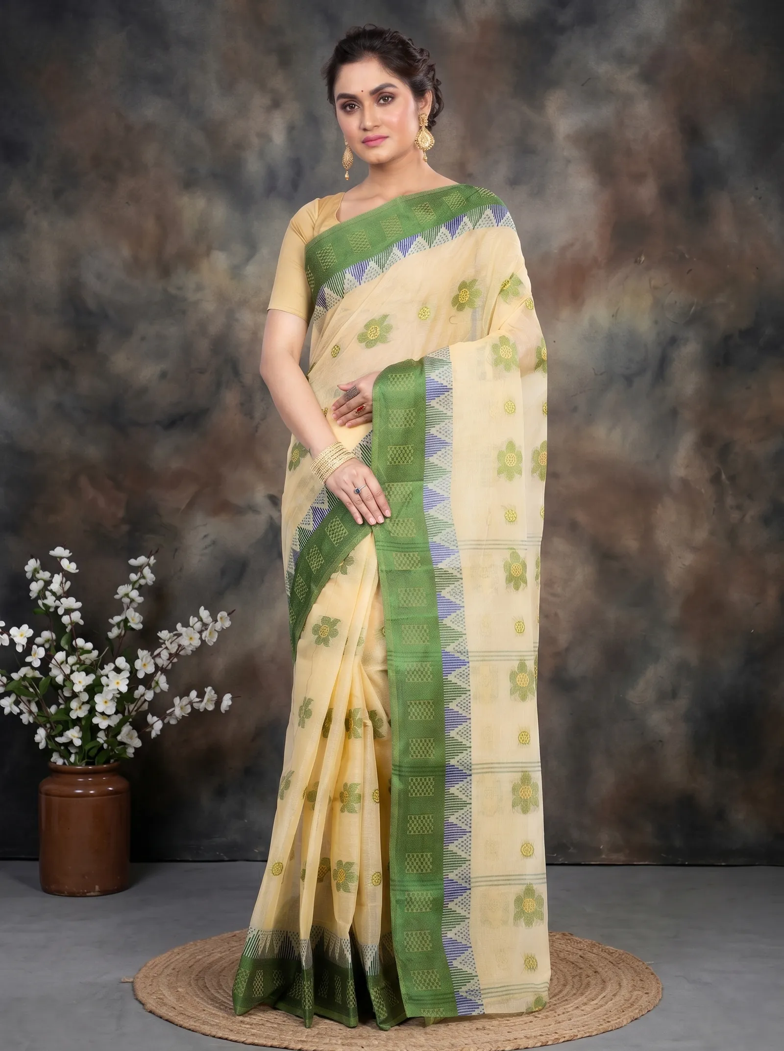 DipDiya Pure Cotton  Traditional Bengali Green Artisan Crafted Palasful Tant Saree